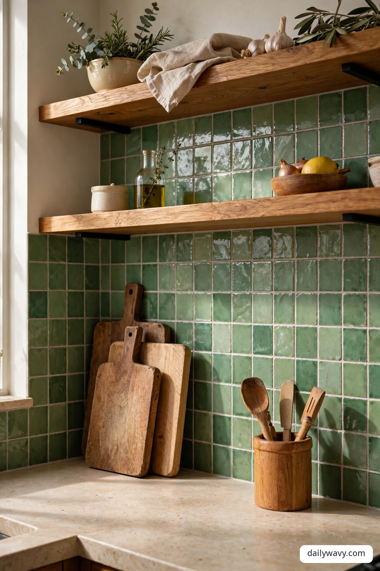 Green tile backsplash with warm oak open shelves and wooden cutting boards