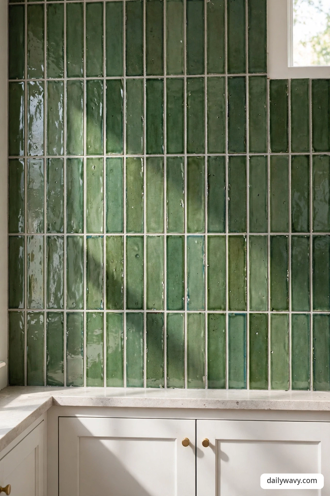 Vertical stacked green subway tiles forming a simple repeated line pattern