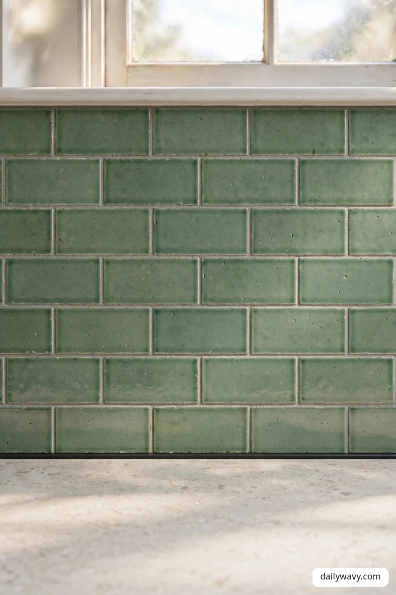 Green tile backsplash with a contrasting dark edge detail along the countertop joint