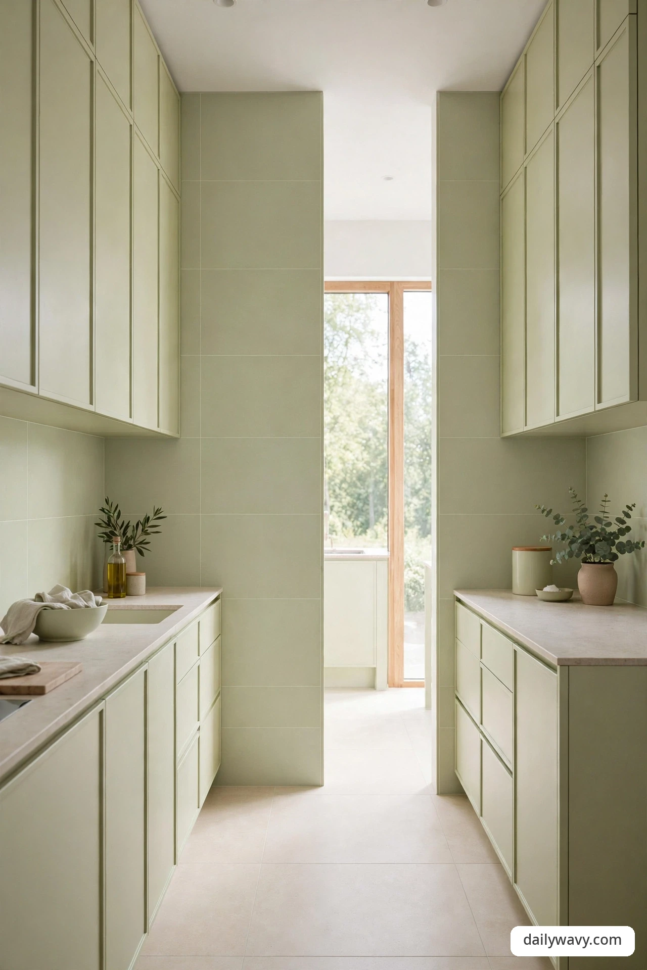 Pale pistachio green tile backsplash in a compact galley kitchen with tone-on-tone cabinets
