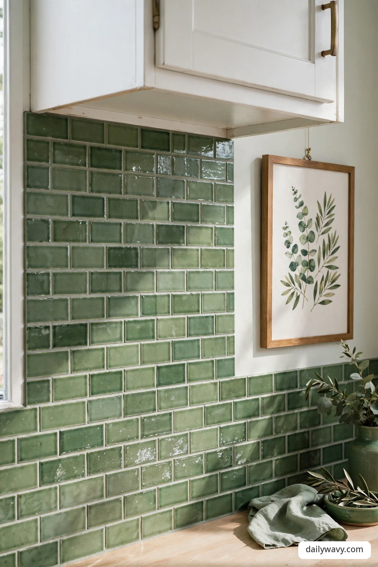 Green tile backsplash matched to the green tones in a framed artwork on the nearby wall