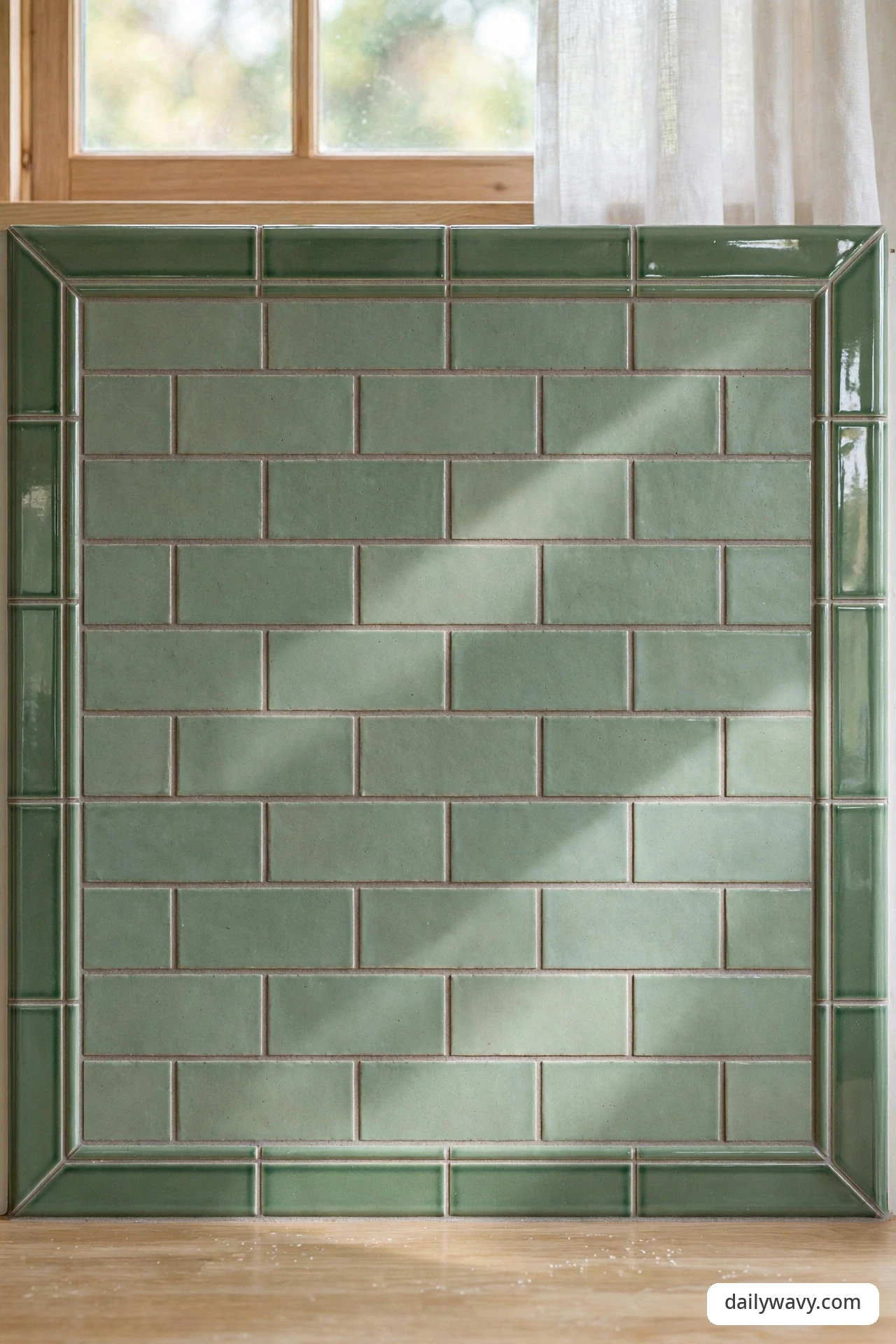 Green tile backsplash mixing matte field tile with a glossy green tile border