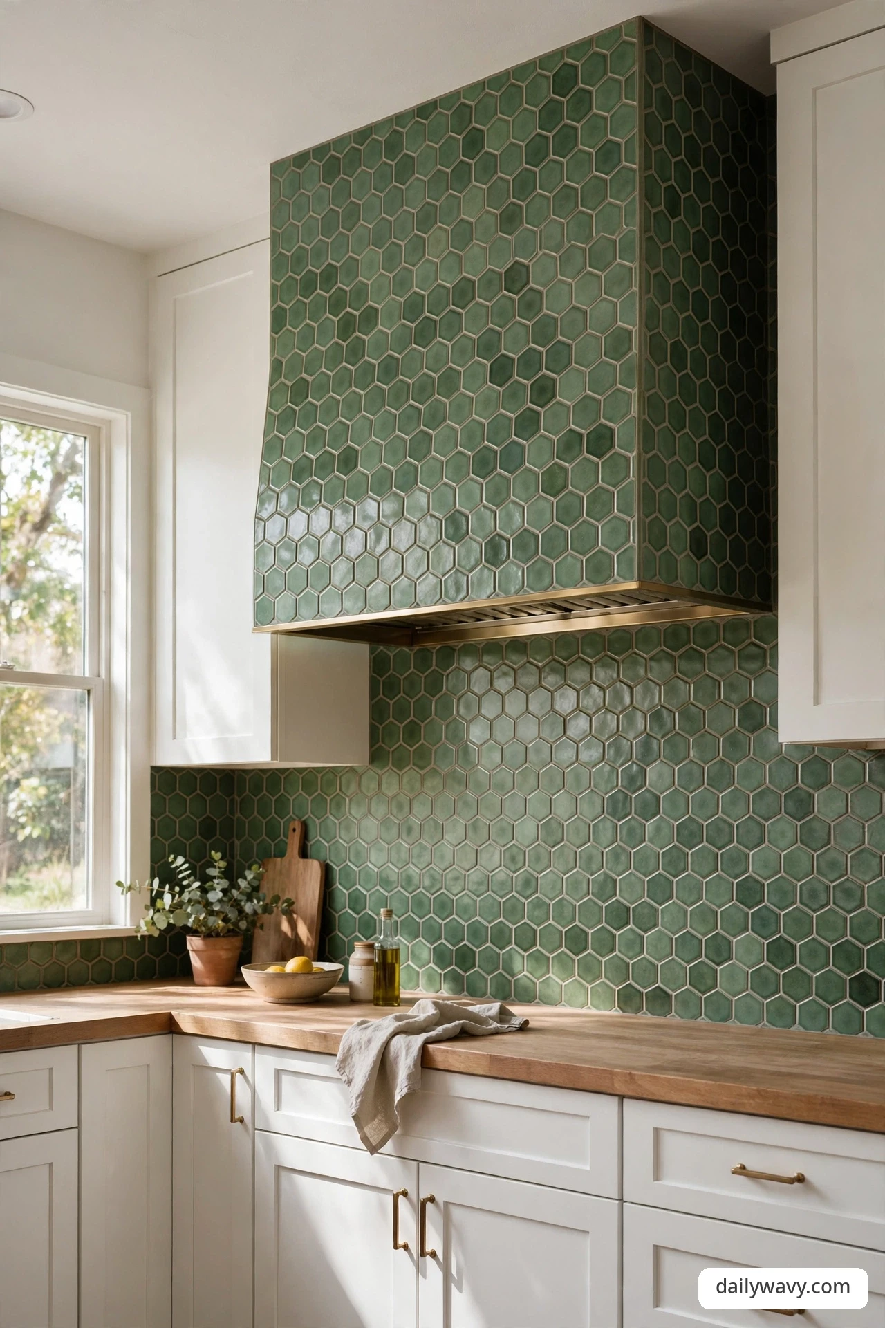Green hexagon tile repeated from the backsplash up the range hood surround