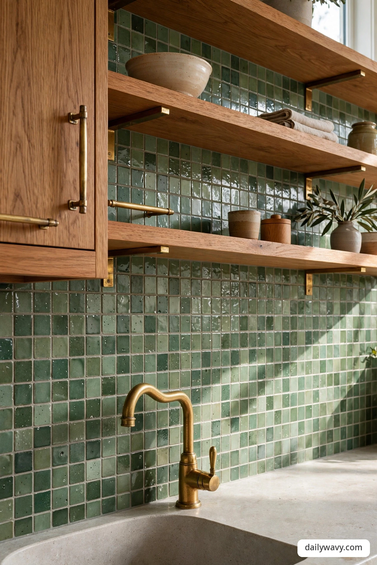 Green tile backsplash paired with warm unlacquered brass hardware and oak shelving
