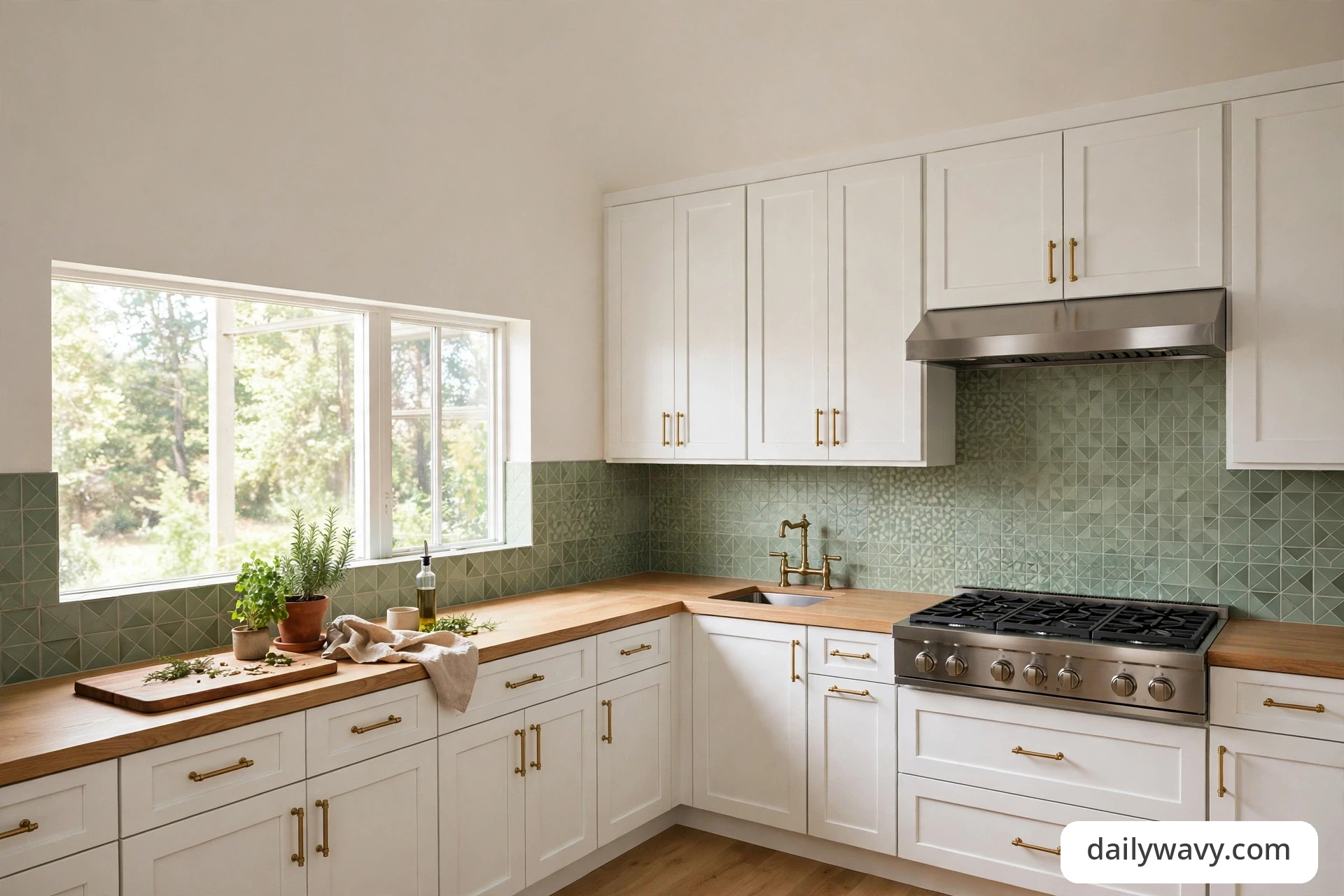 Kitchen with a sage green geometric motif tile backsplash, white shaker cabinets, brass handles, and light oak countertop in natural daylight
