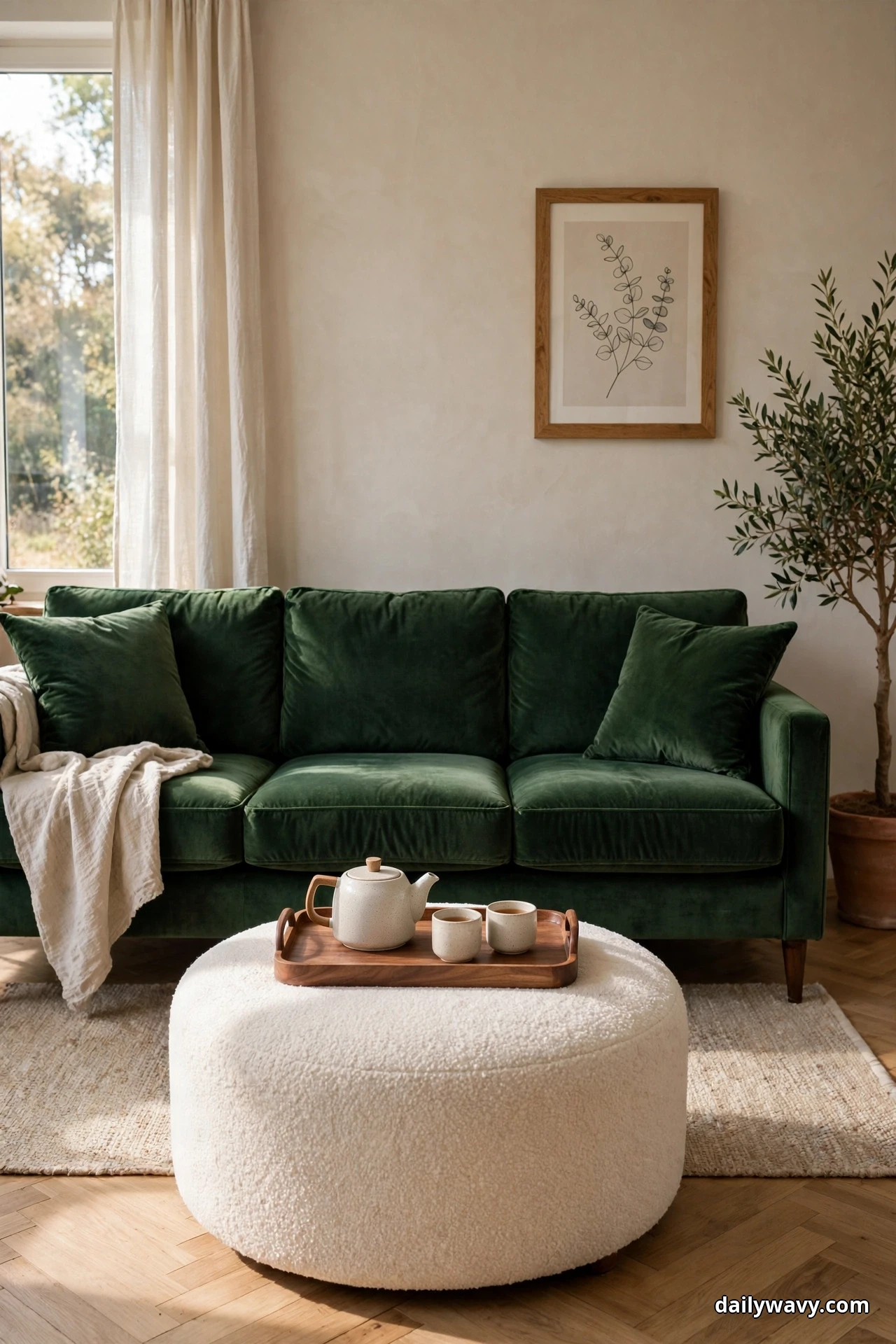 A closer view shows a round cream boucle ottoman topped with a wooden tray holding a teapot and two cups, set in front of a green velvet sofa