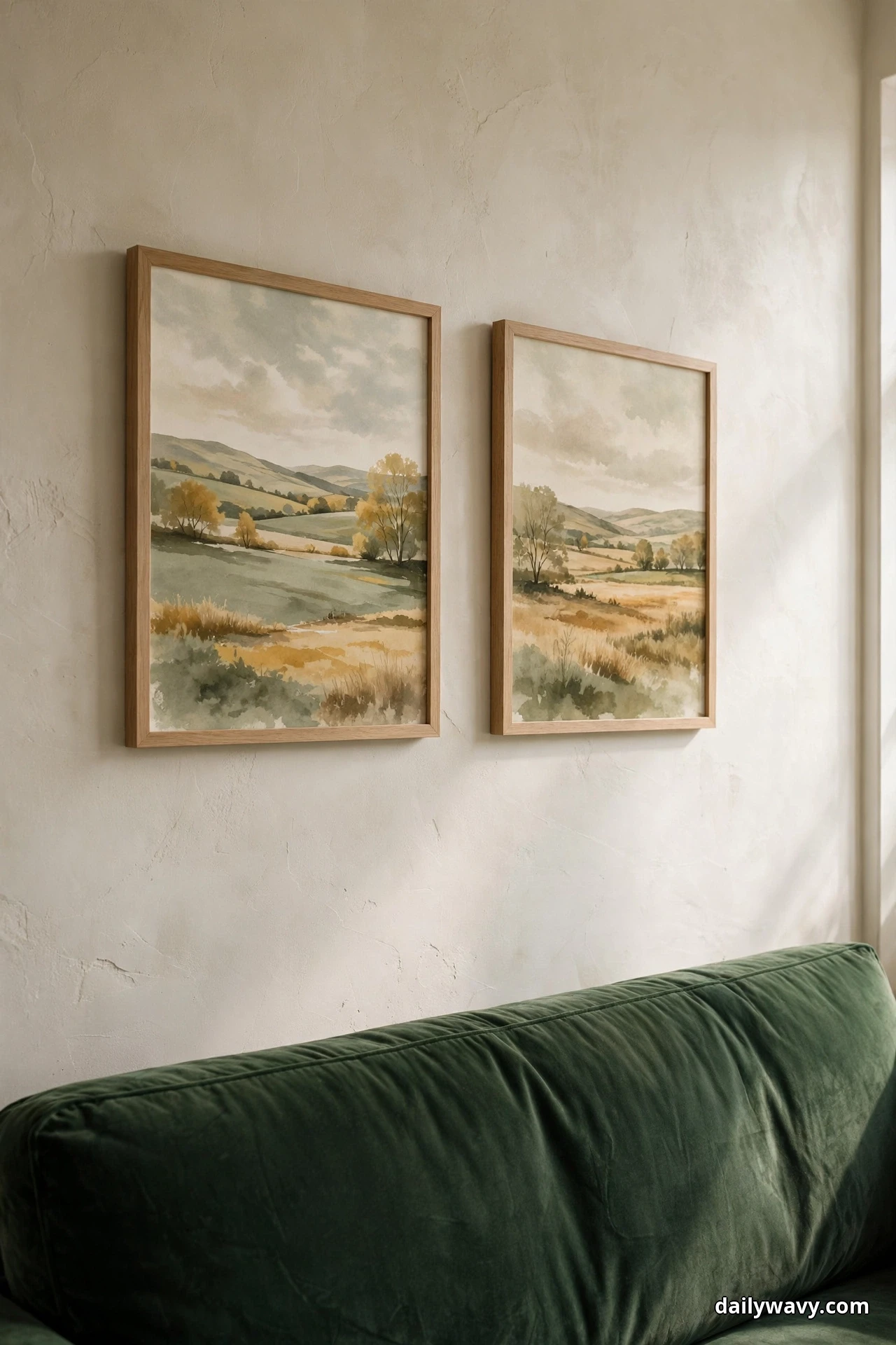 A close view shows two framed landscape paintings in light oak frames hanging side by side above the back of a green velvet sofa