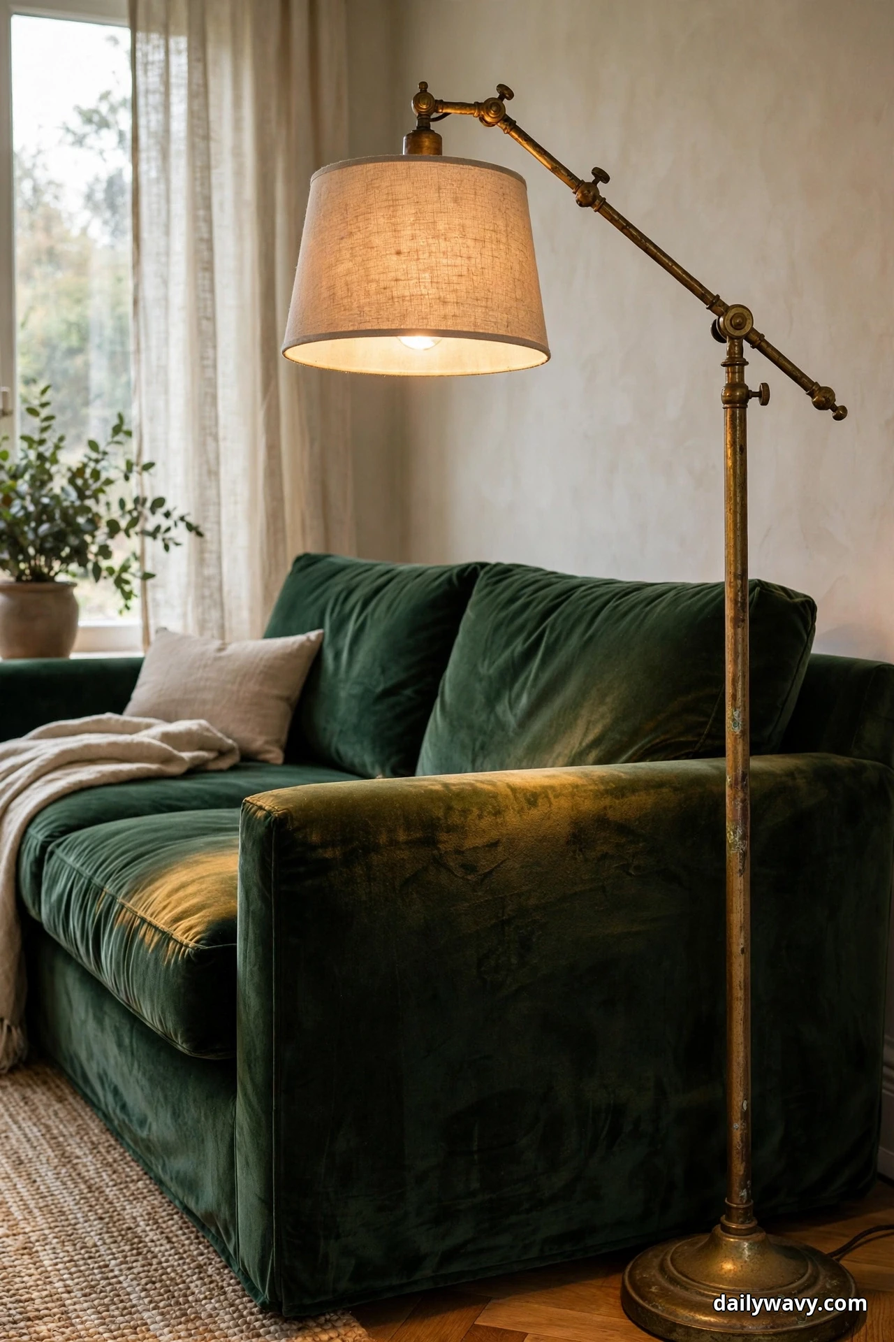An aged brass floor lamp with a linen drum shade glows beside the arm of a green velvet sofa near a curtained window