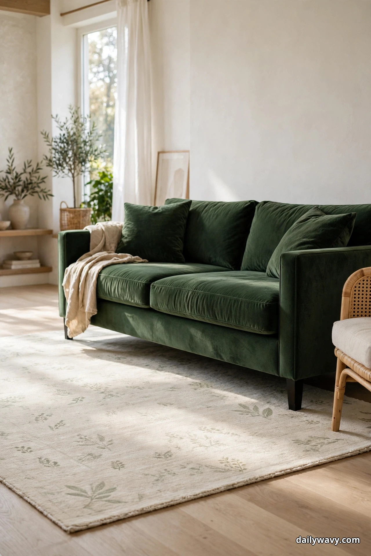 A green velvet sofa stands with its front legs on a large cream rug patterned with a faint sage botanical motif