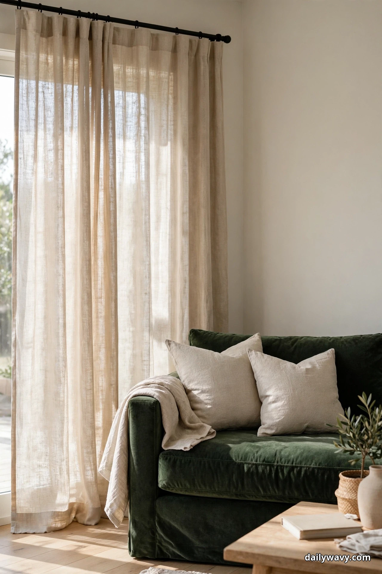 Natural linen curtains hang from a matte black rod beside the end of a green velvet sofa, filtering the daylight