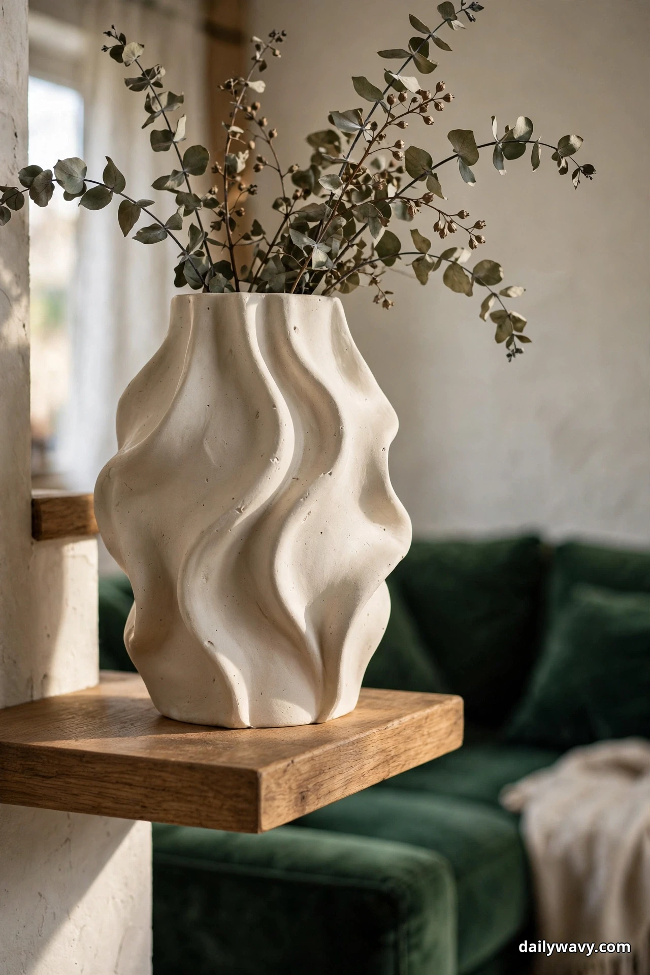 A sculptural cream ceramic vase holding dried eucalyptus stems sits on a wooden shelf with a green velvet sofa behind it