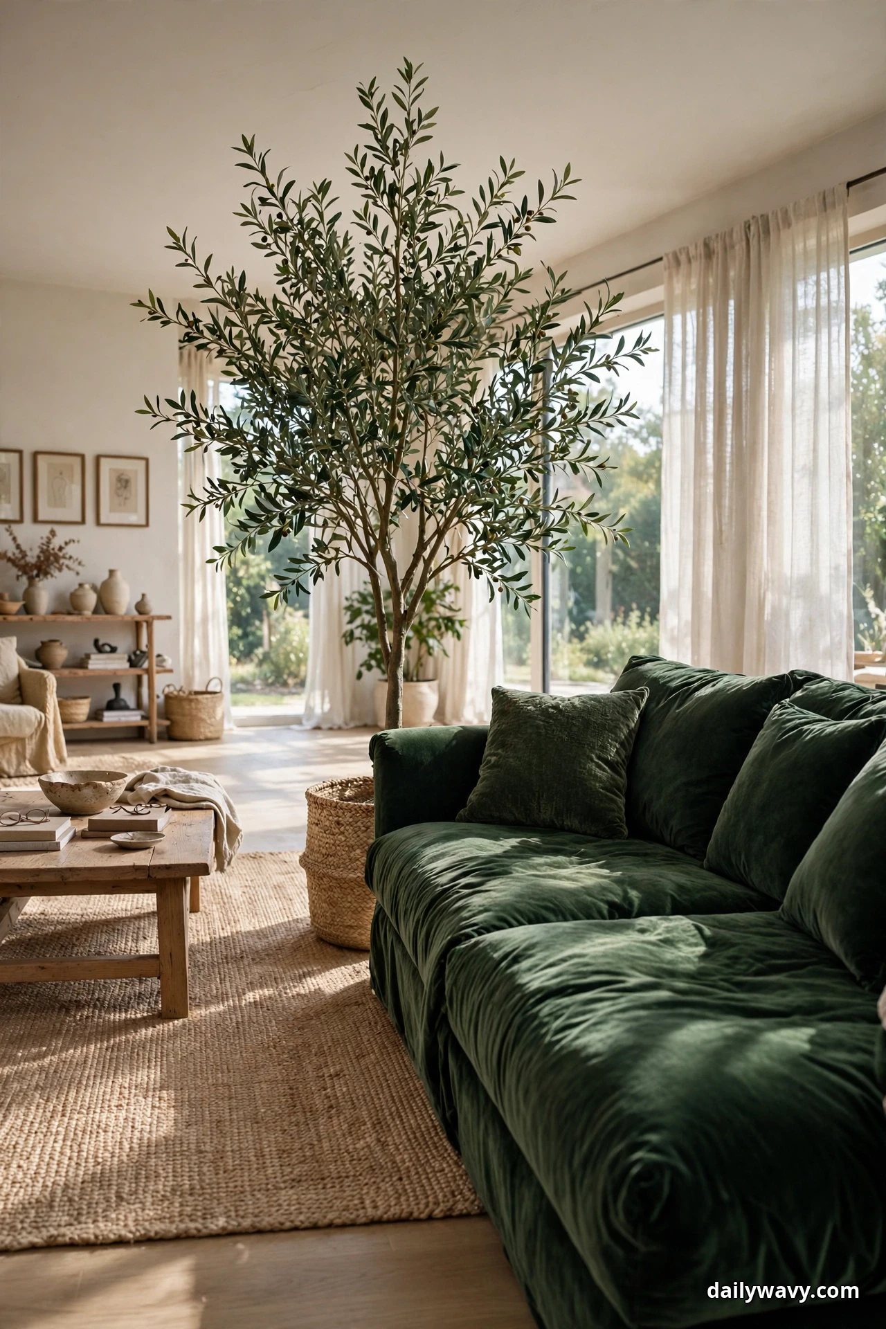 A tall olive tree rises beside the arm of a green velvet sofa, with a woven seagrass basket at its base