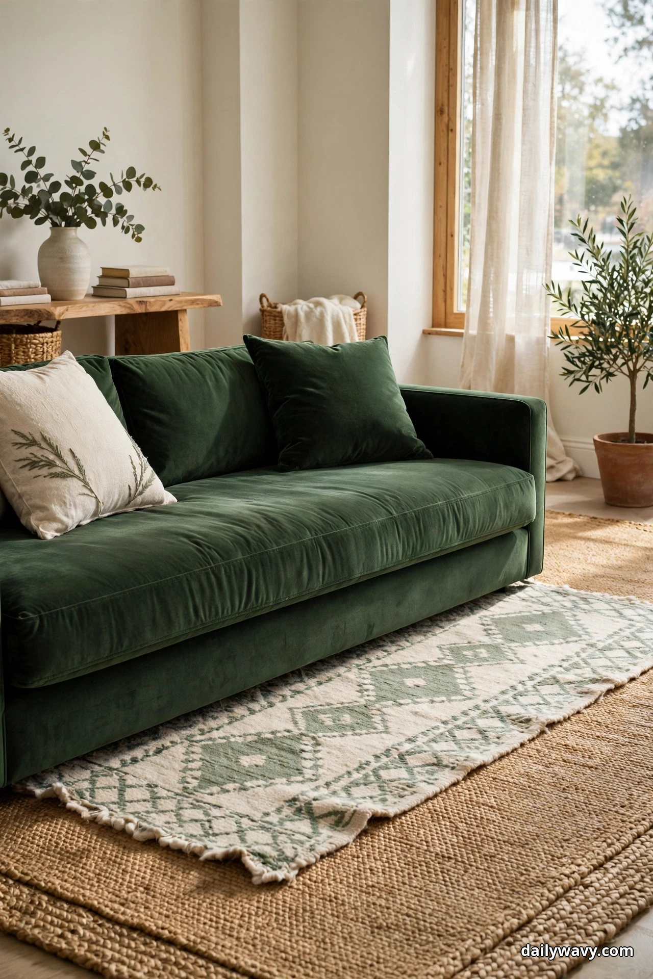 A smaller cream and sage patterned rug lies layered over a larger natural jute rug in front of a green velvet sofa