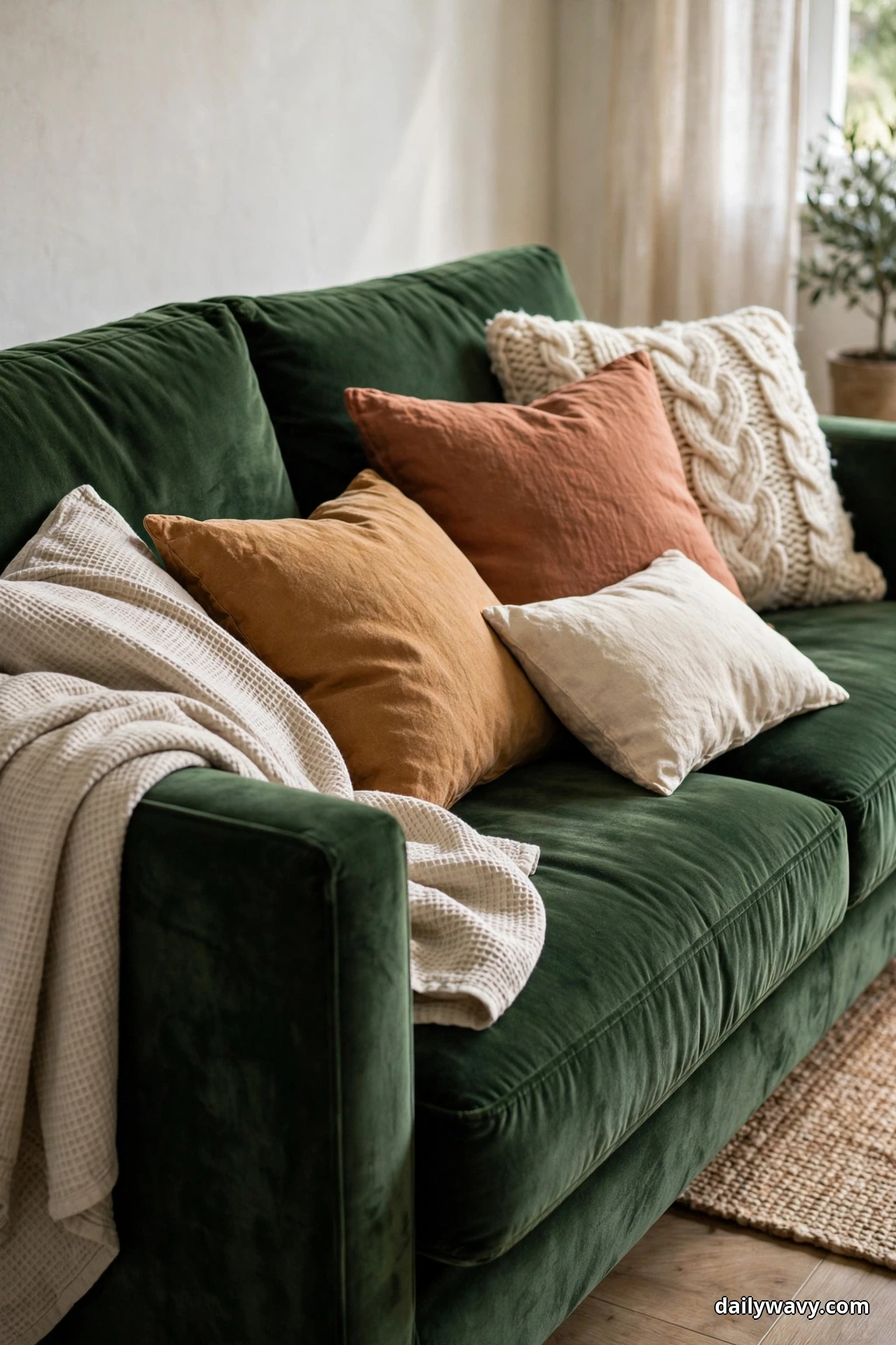 A closer view shows a green velvet sofa layered with caramel and rust linen cushions, a cream chunky-knit cushion, and a cream waffle throw draped over one arm