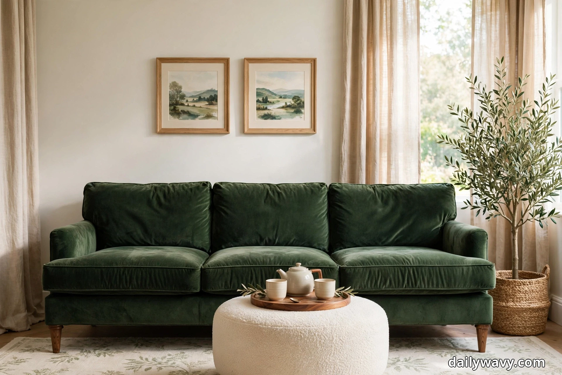 A wide view shows a deep green velvet sofa beneath two framed landscape prints, with a round cream boucle ottoman holding a wooden tray in front of it and an olive tree in a woven basket by the window
