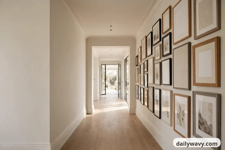 A wide view down a long bright hallway shows a full gallery wall of mixed-size framed prints in oak, white and black frames covering the right-hand wall above a light wood floor.