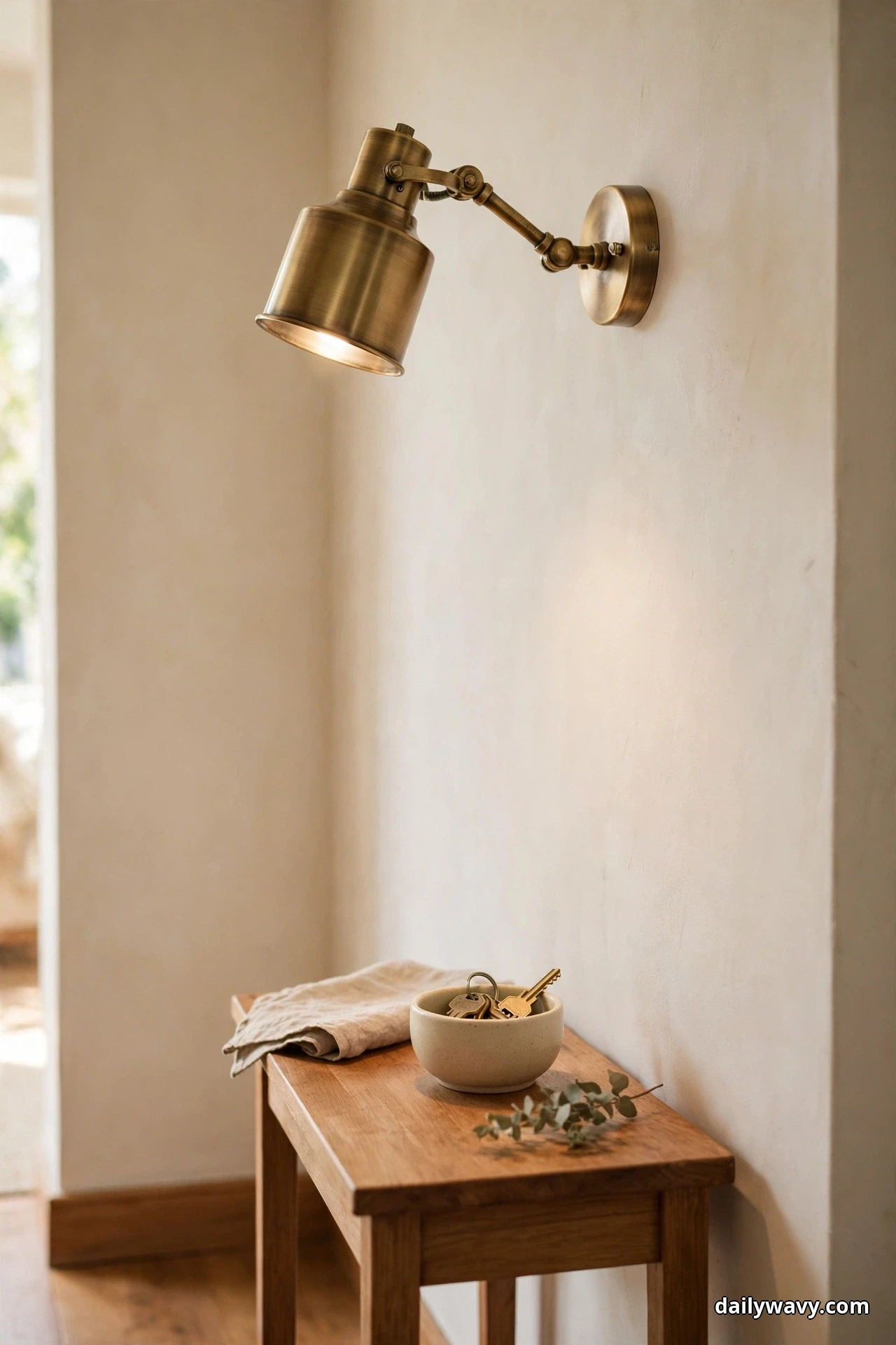 A brass adjustable-head wall sconce with a cylindrical shade glows above a wooden console holding a small bowl of keys