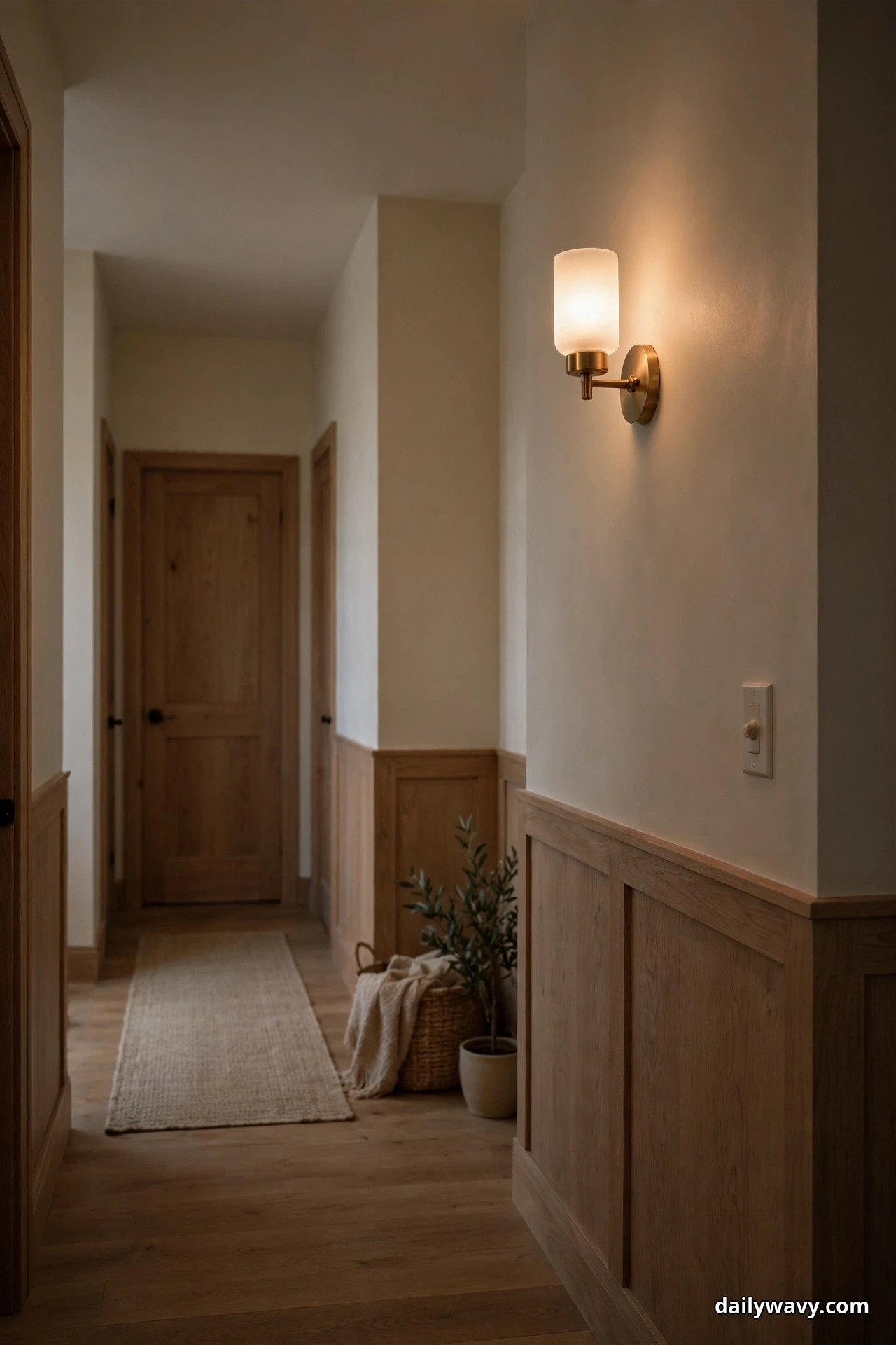 A brass wall sconce with a frosted glass shade glows warmly in an evening hallway with wood wainscoting and a dimmer switch on the wall below it