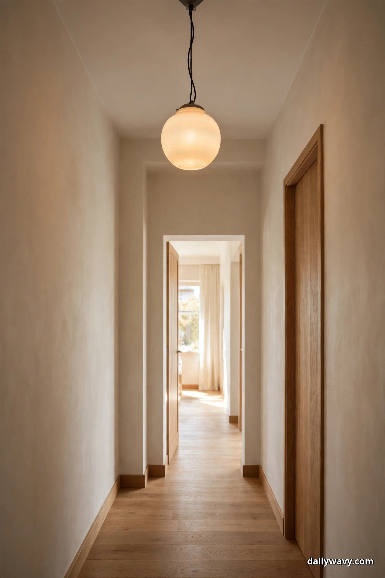A glowing opal globe pendant hangs from the ceiling of a long straight hallway with pale walls and wood floors