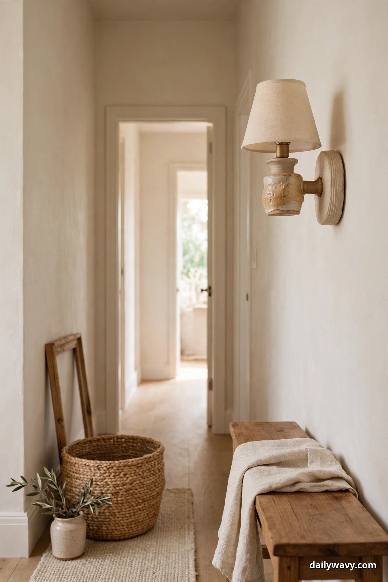 A wall sconce with a textured ceramic base and a cream fabric shade hangs in a hallway above a wooden bench