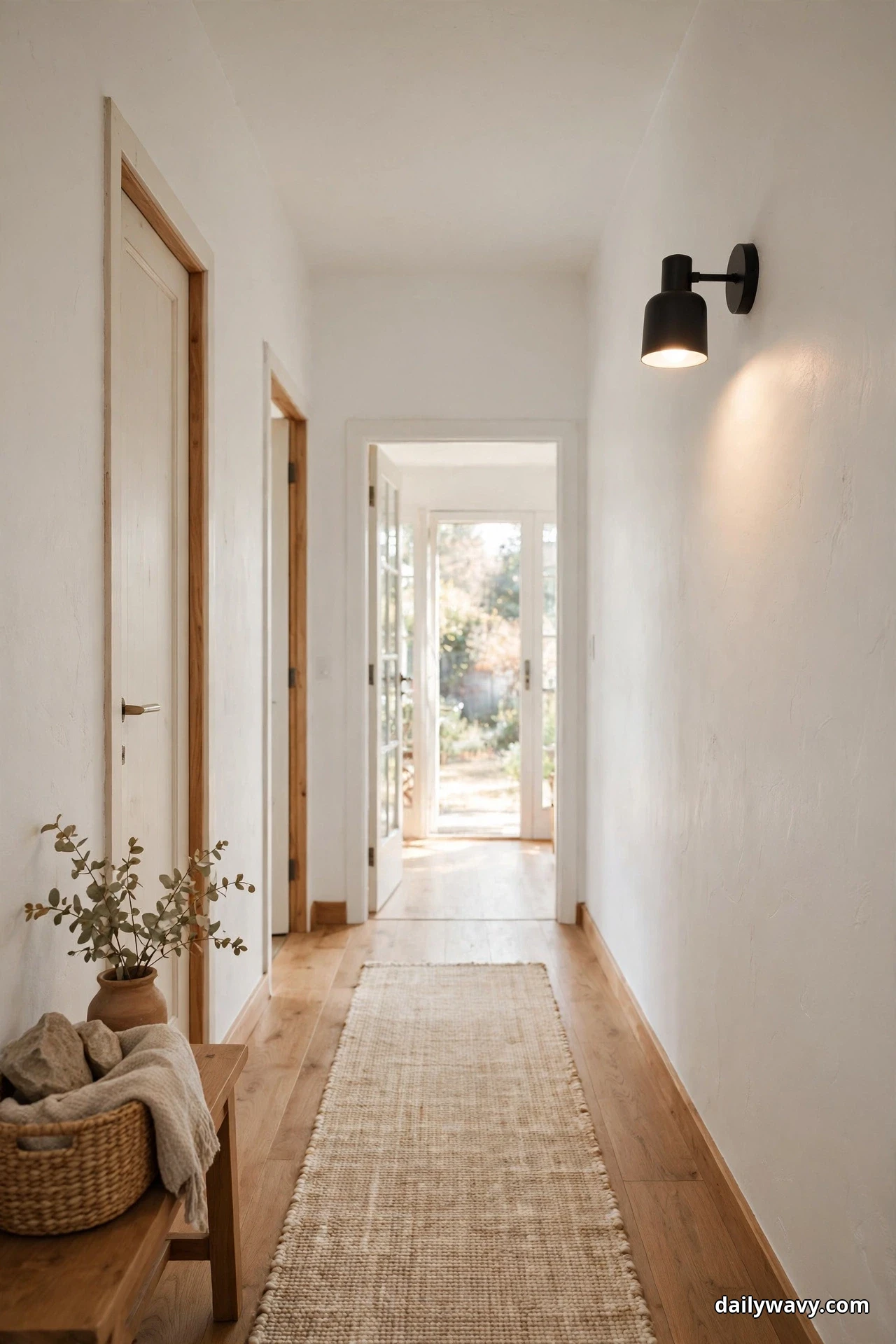 A matte black wall sconce glows on the white wall of a bright hallway with a woven runner and wood floors
