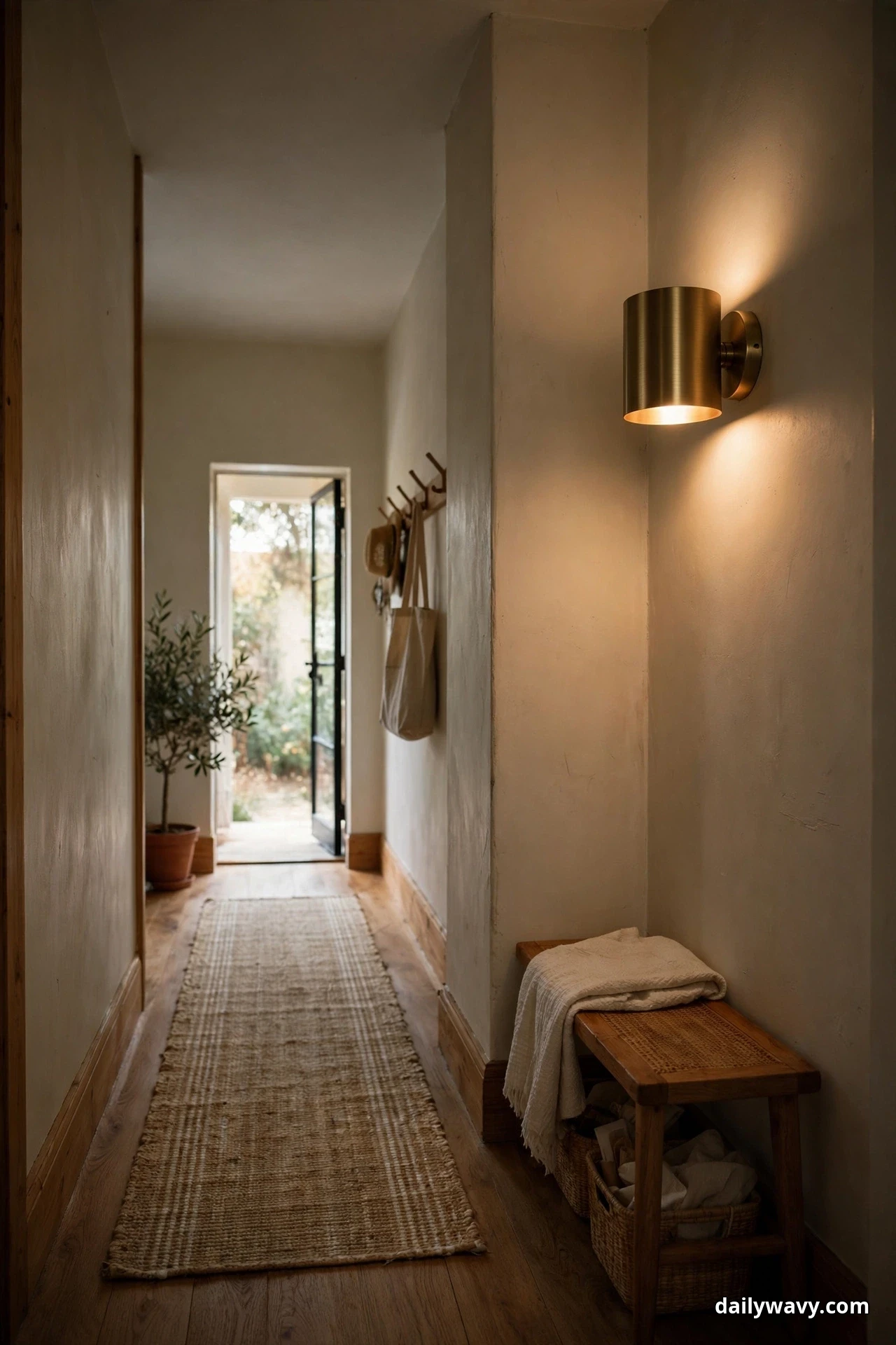 A brushed brass cylinder sconce casts warm light up and down the wall of a dim hallway corner above a wooden bench