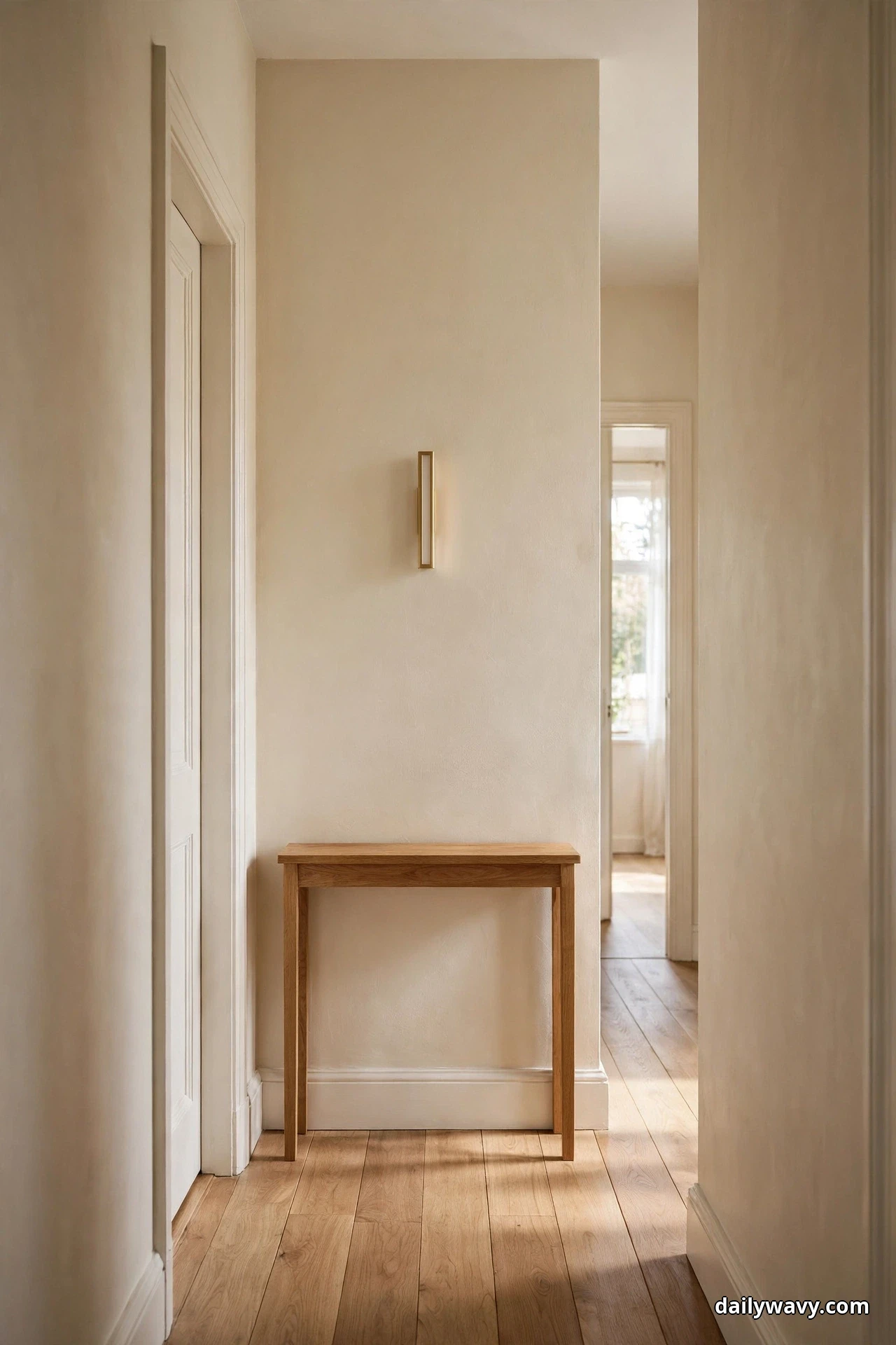 A slim vertical sconce in a brass frame hangs on the end wall of a narrow hallway above a plain wooden console
