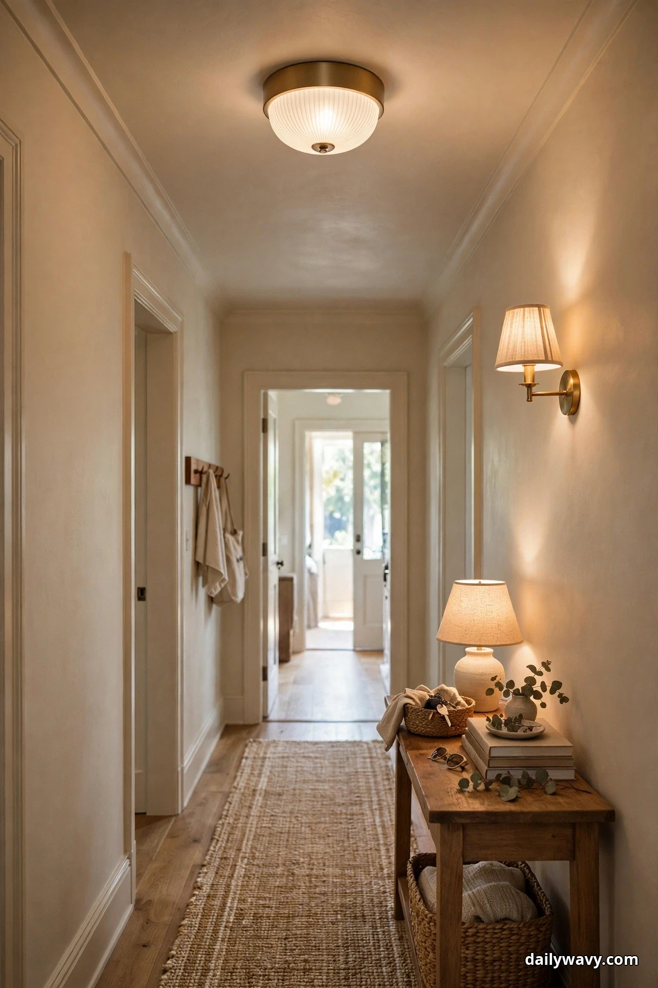 A hallway glows with layered light from a brass ceiling flush mount, a fabric-shaded wall sconce and a small table lamp on a wooden console