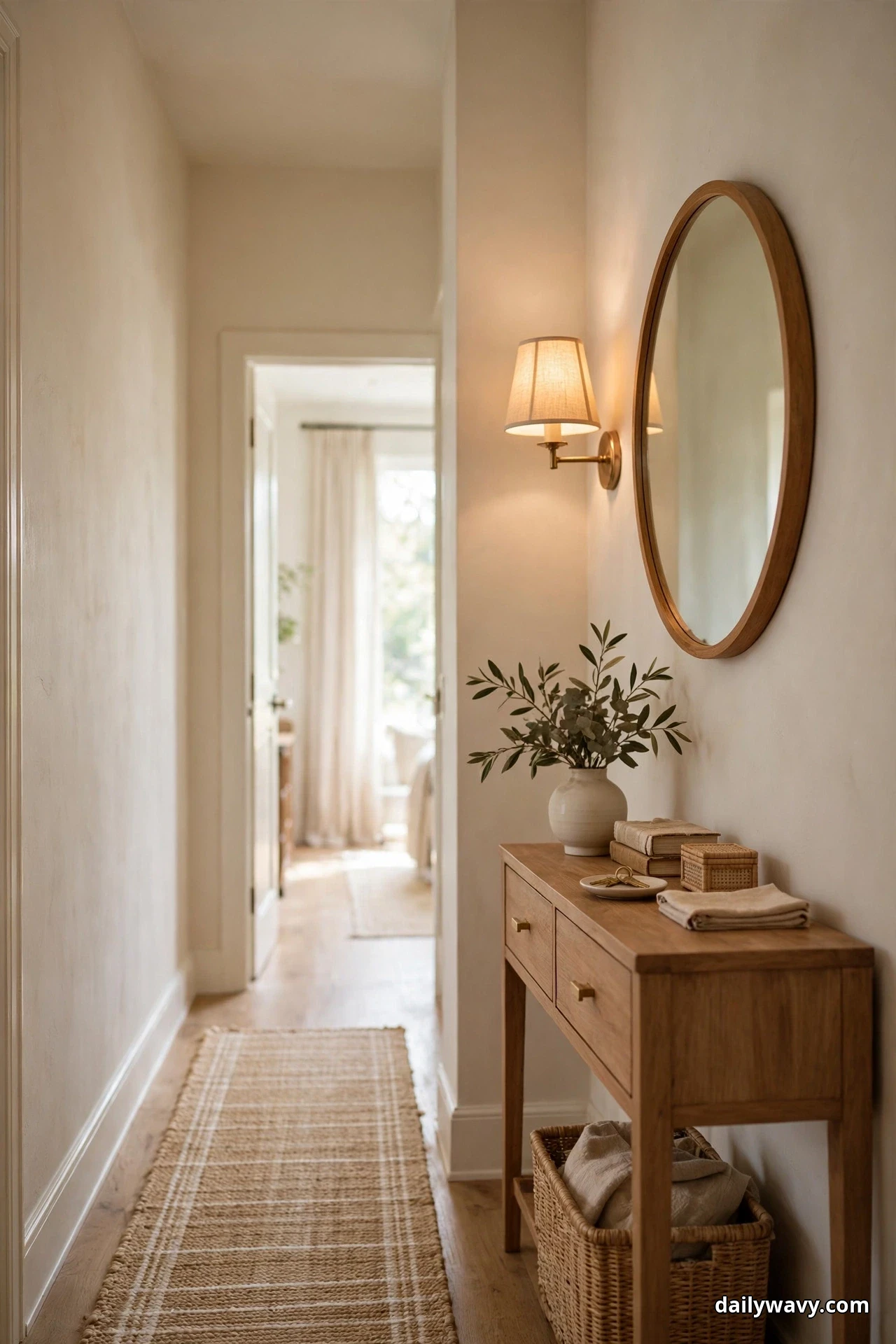 A fabric-shaded brass sconce glows beside a round wood-framed mirror above a wooden hallway console