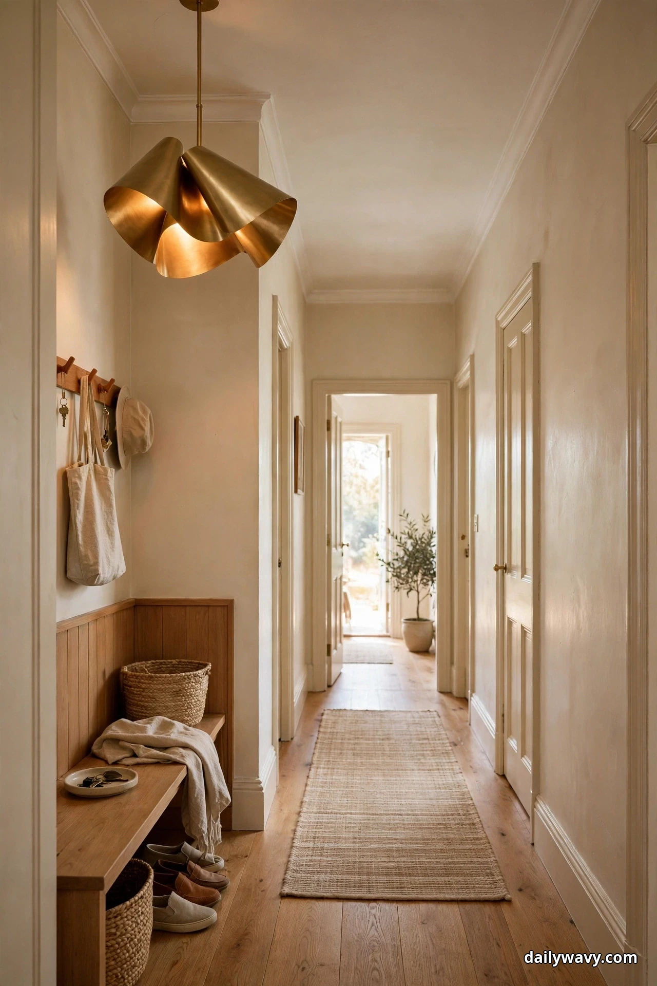 A sculptural brass pendant with folded cone shades hangs above the entry end of a hallway with a bench and coat hooks below