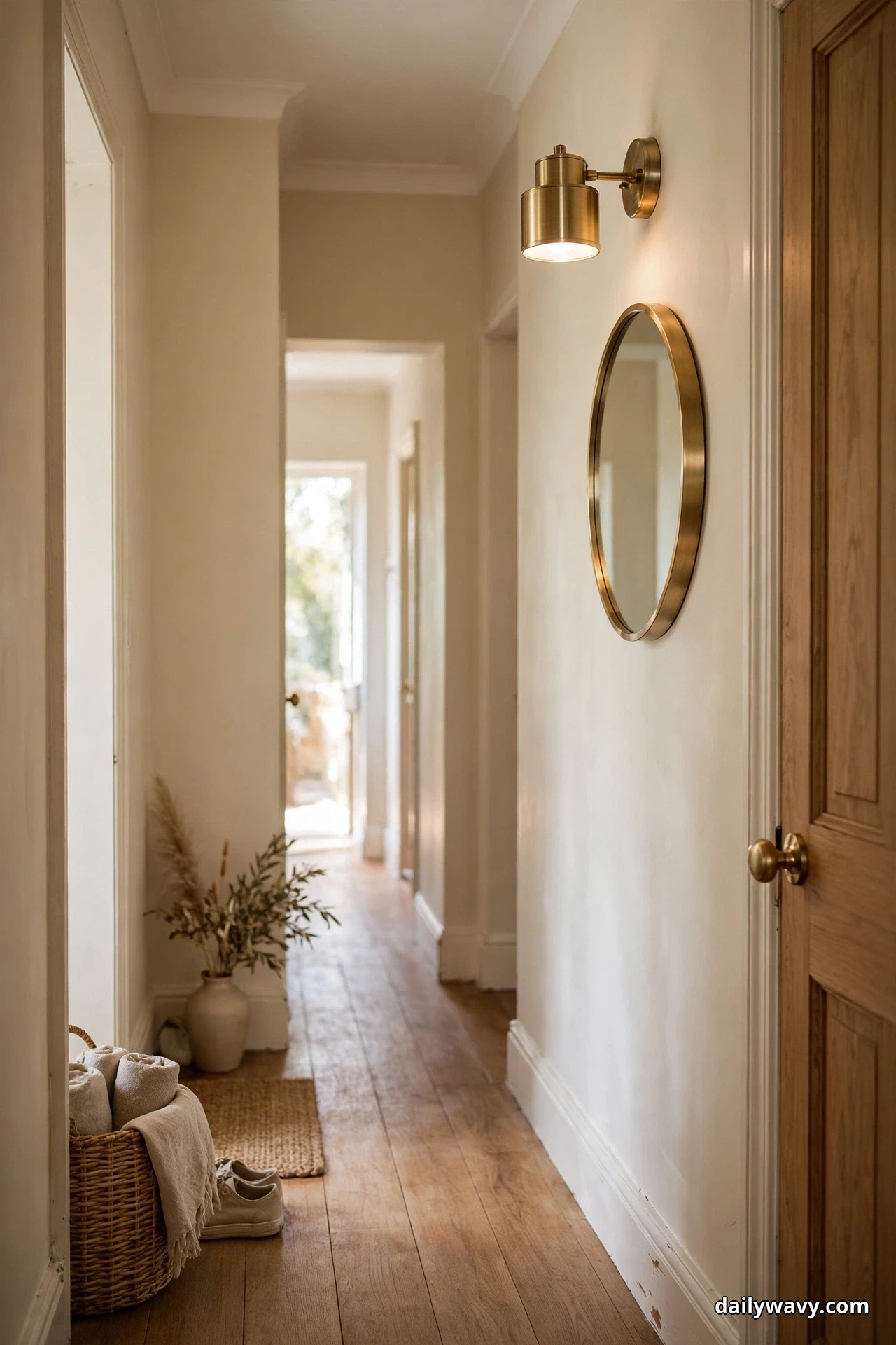 A brass cylinder sconce glows above a round brass-framed mirror in a hallway, with a brass door knob on the wood door beside it