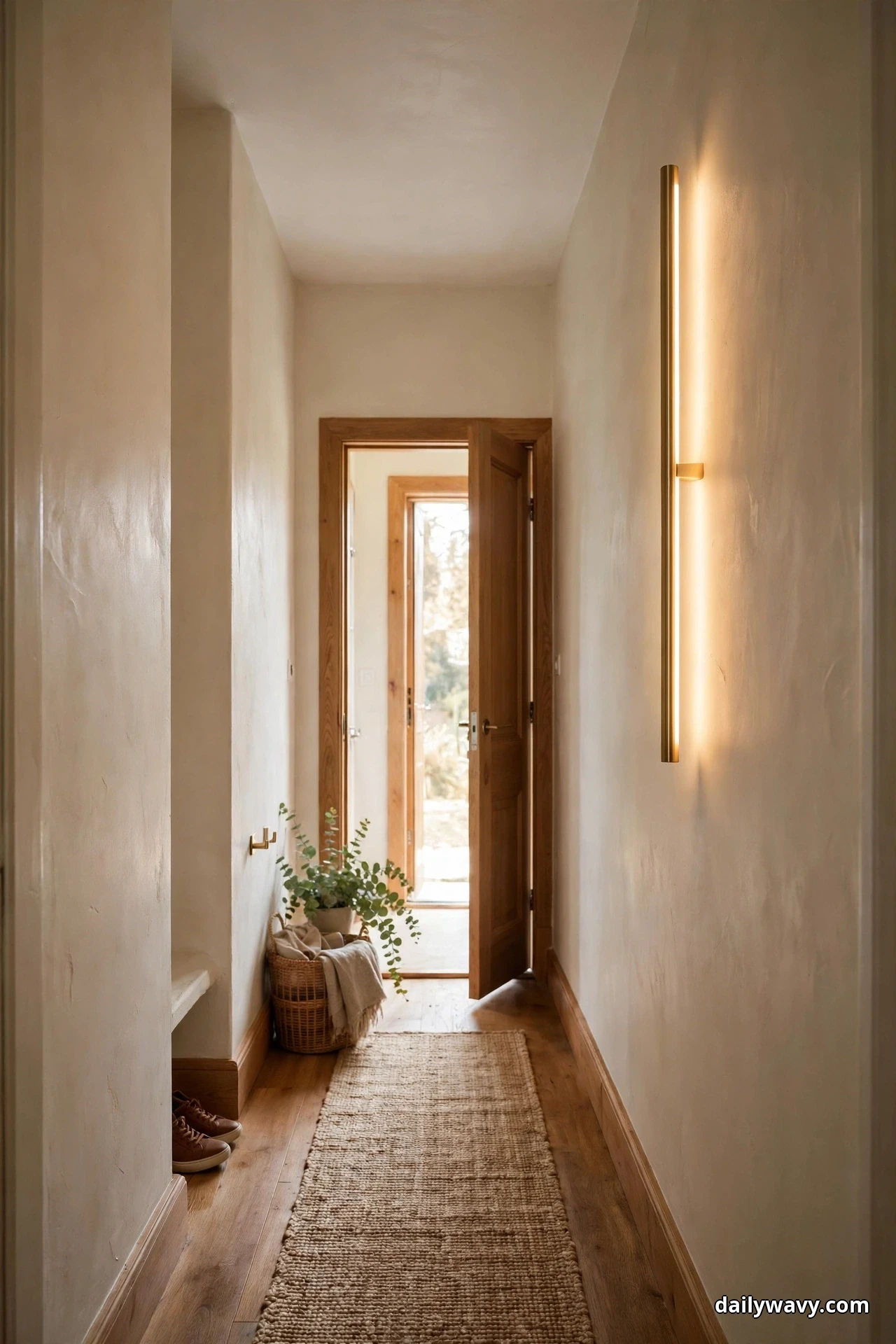 A long slim vertical brass sconce glows against the wall of a narrow hallway with a woven runner