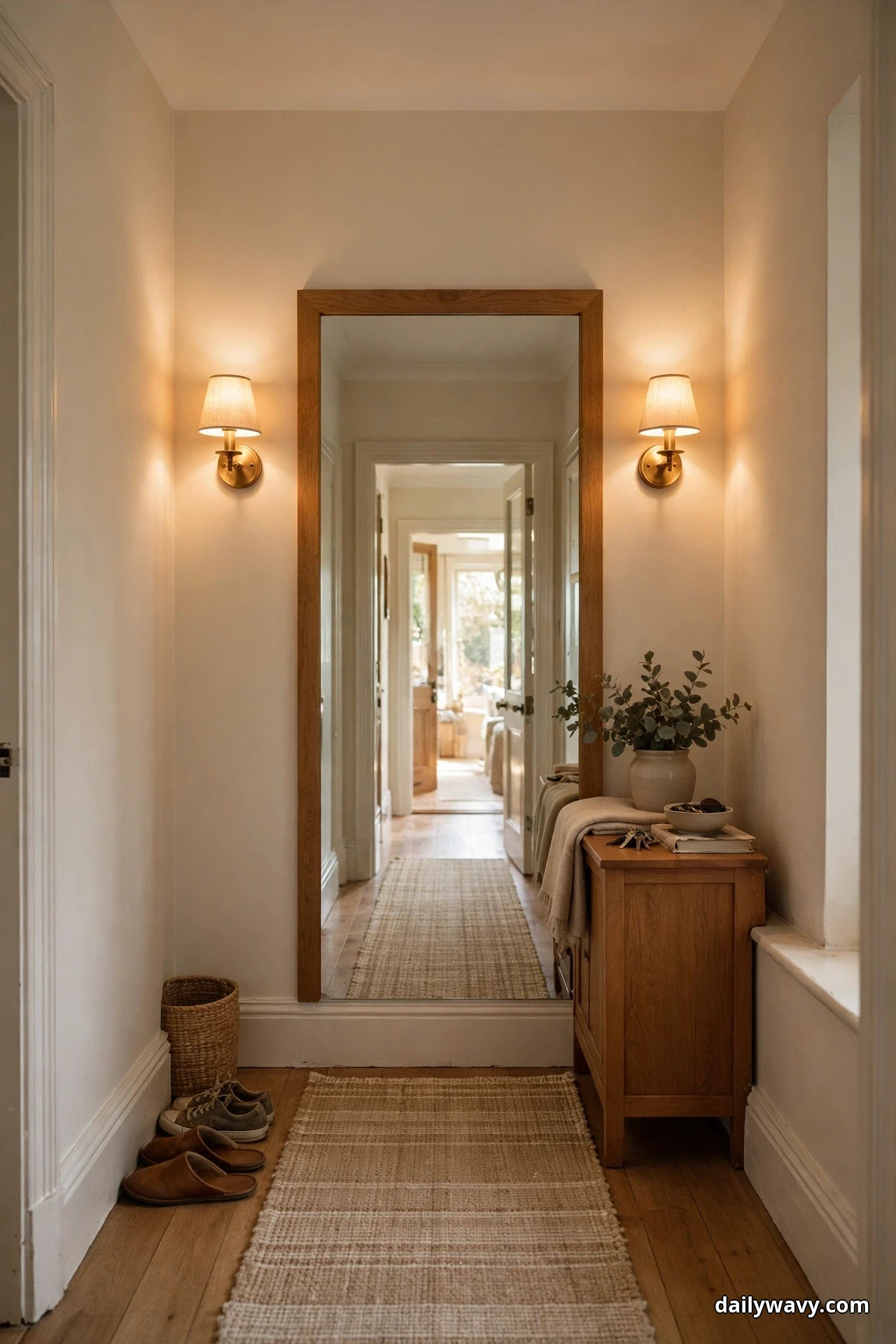 A matching pair of fabric-shaded brass sconces flanks a tall wood-framed mirror at the end of a hallway