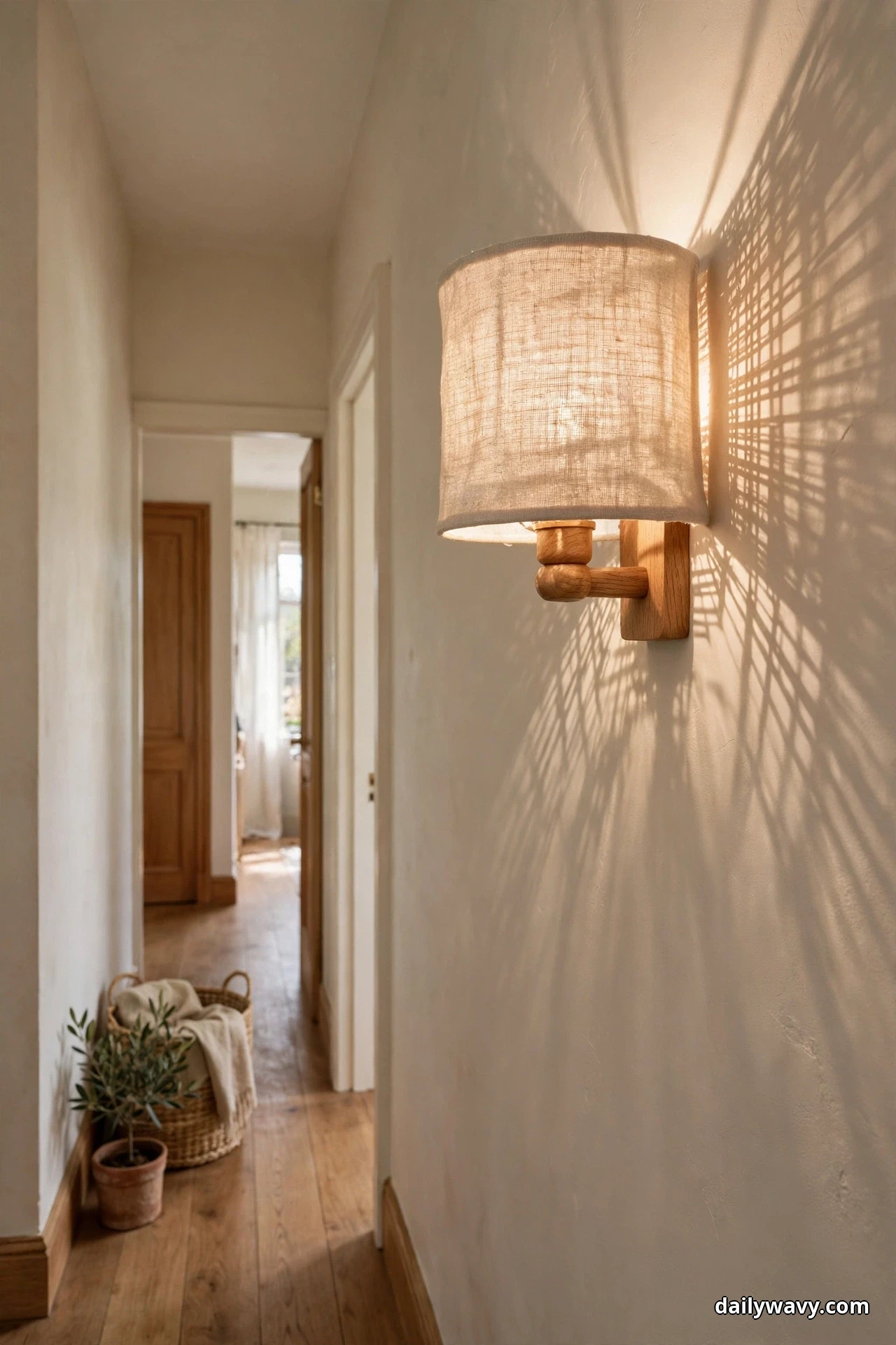 A linen drum shade on a wooden wall mount casts soft woven light patterns across a hallway wall