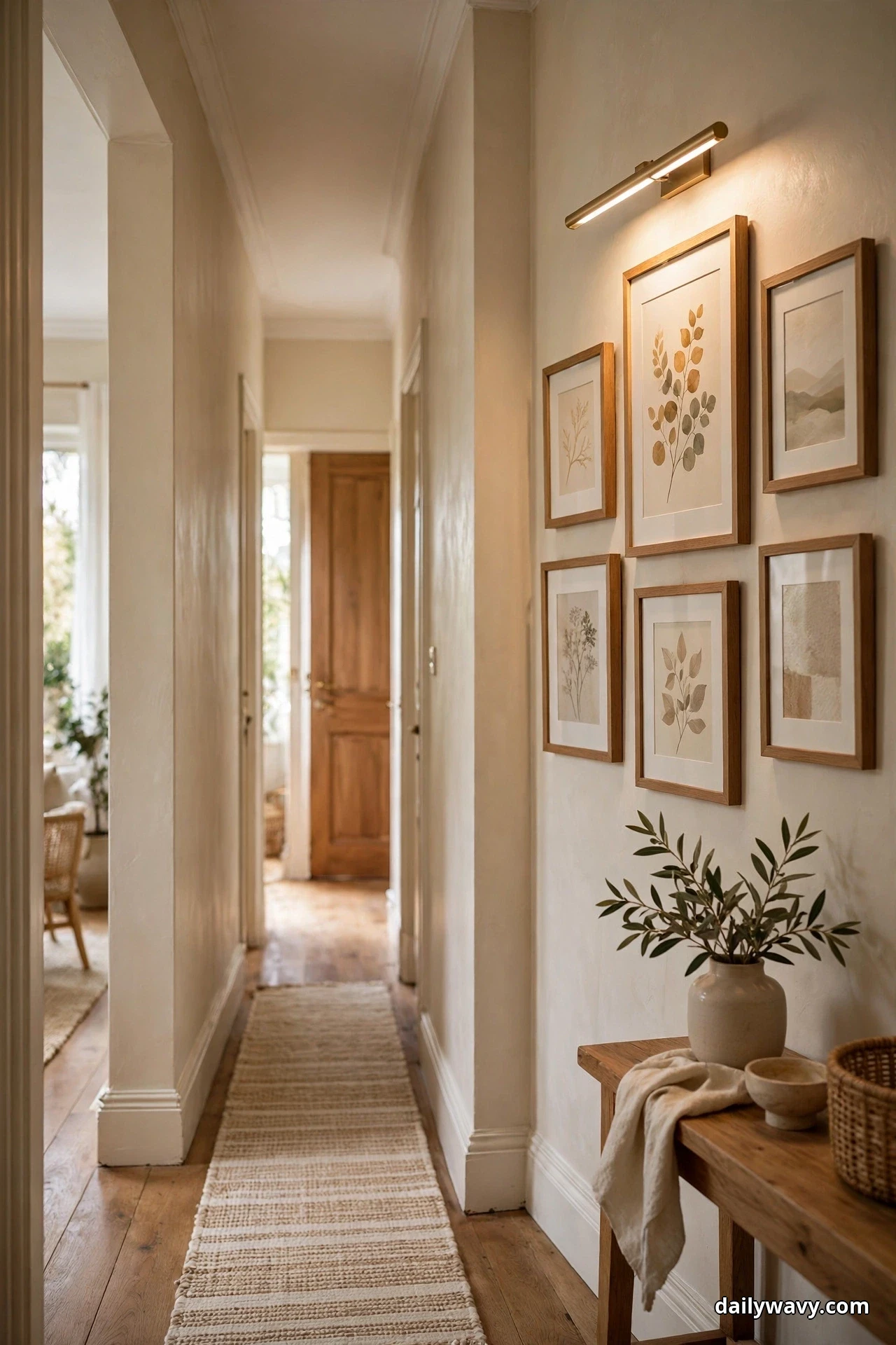 A slim brass picture light glows above a gallery wall of framed botanical prints in a hallway