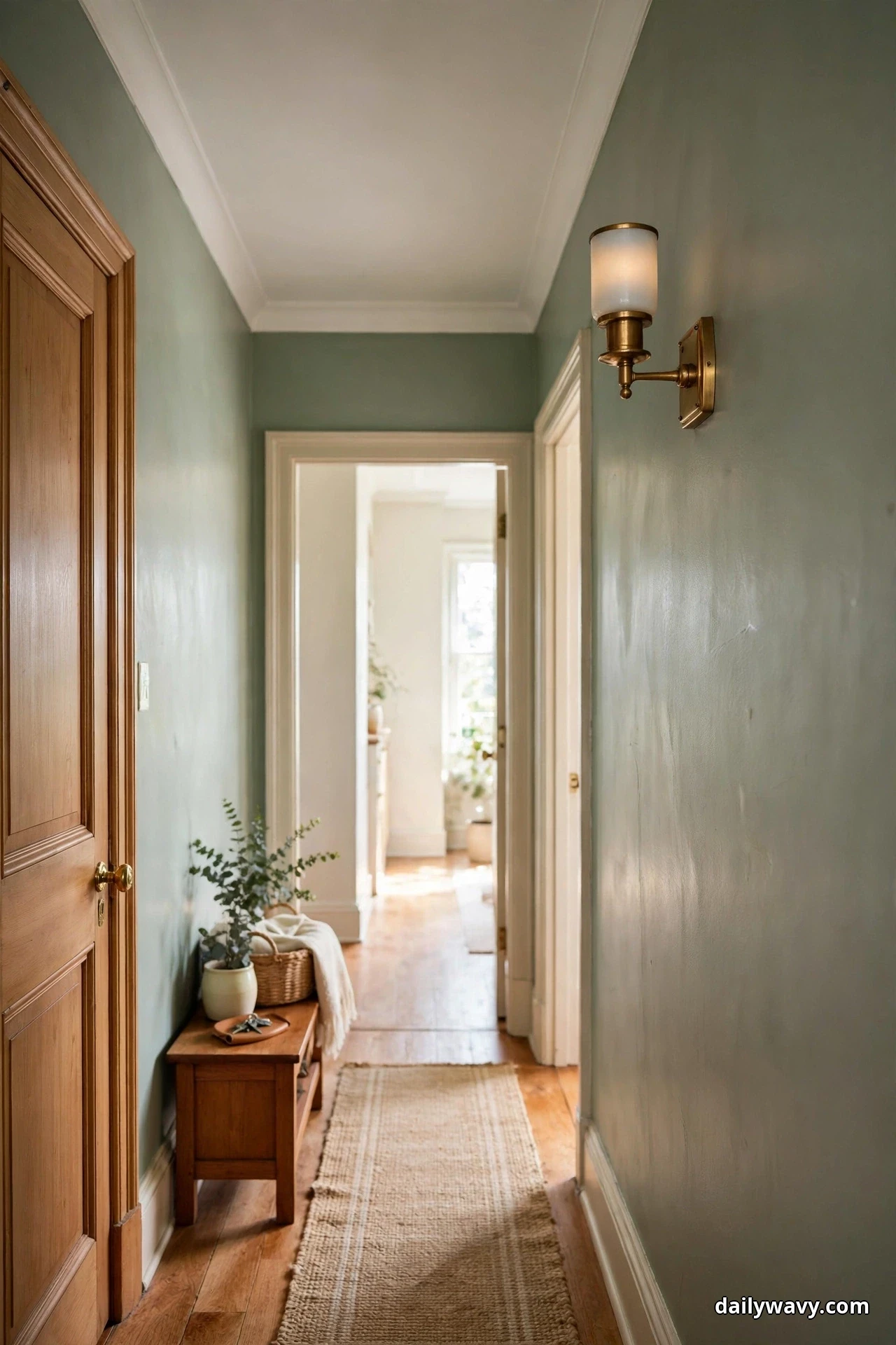 A brass wall sconce with a frosted glass shade glows against the sage green wall of a hallway