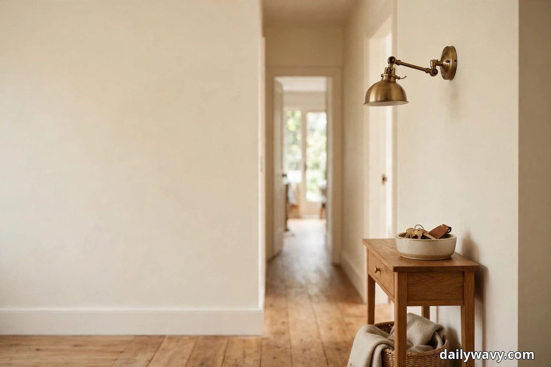 A brass adjustable-head wall sconce with a domed shade hangs above a wooden console holding a bowl of keys in a warm hallway that recedes toward a bright doorway