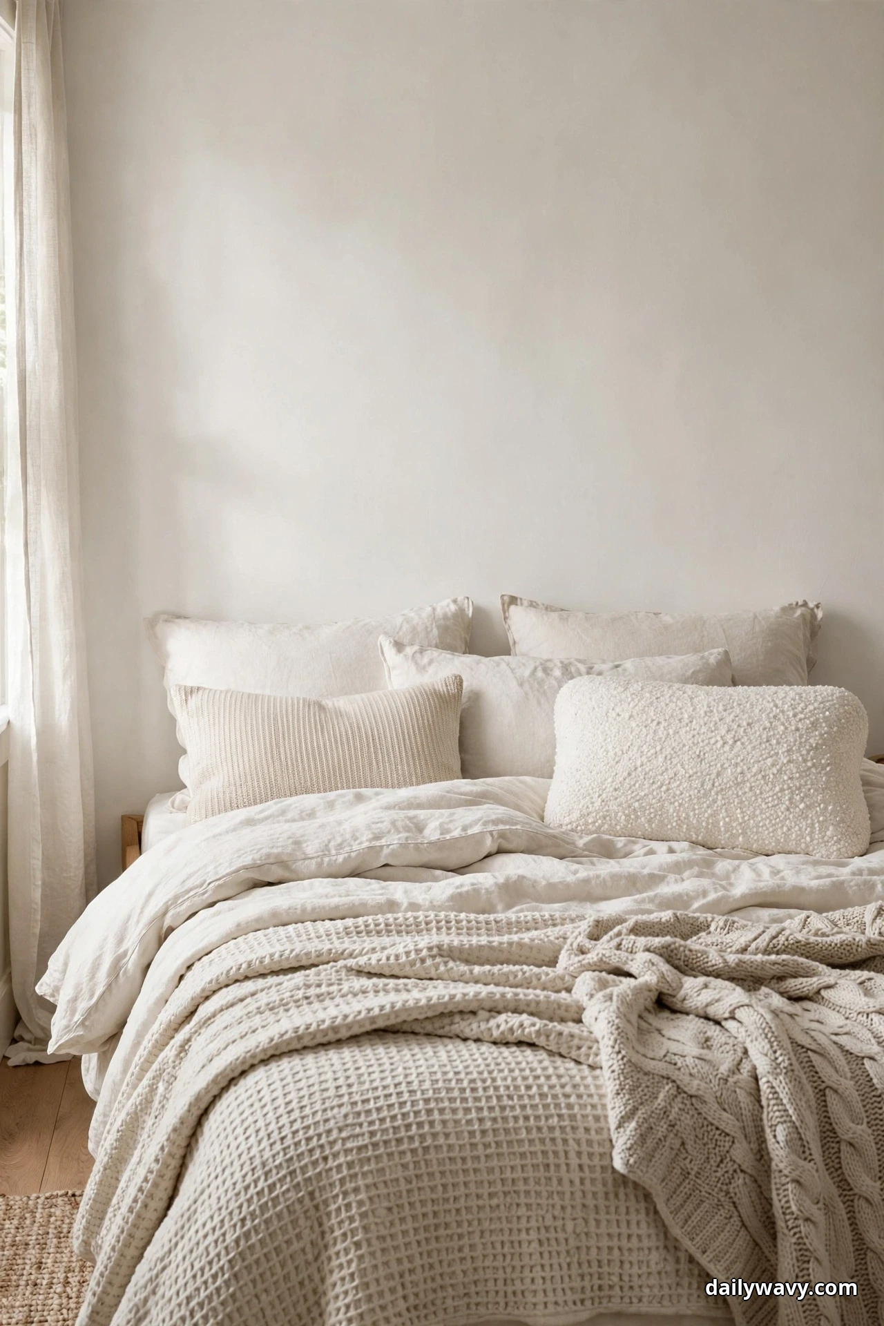 A bed dressed in cream and white textured bedding and pillows stands against a plain pale wall in a monochrome bedroom, with a sheer curtain at the left