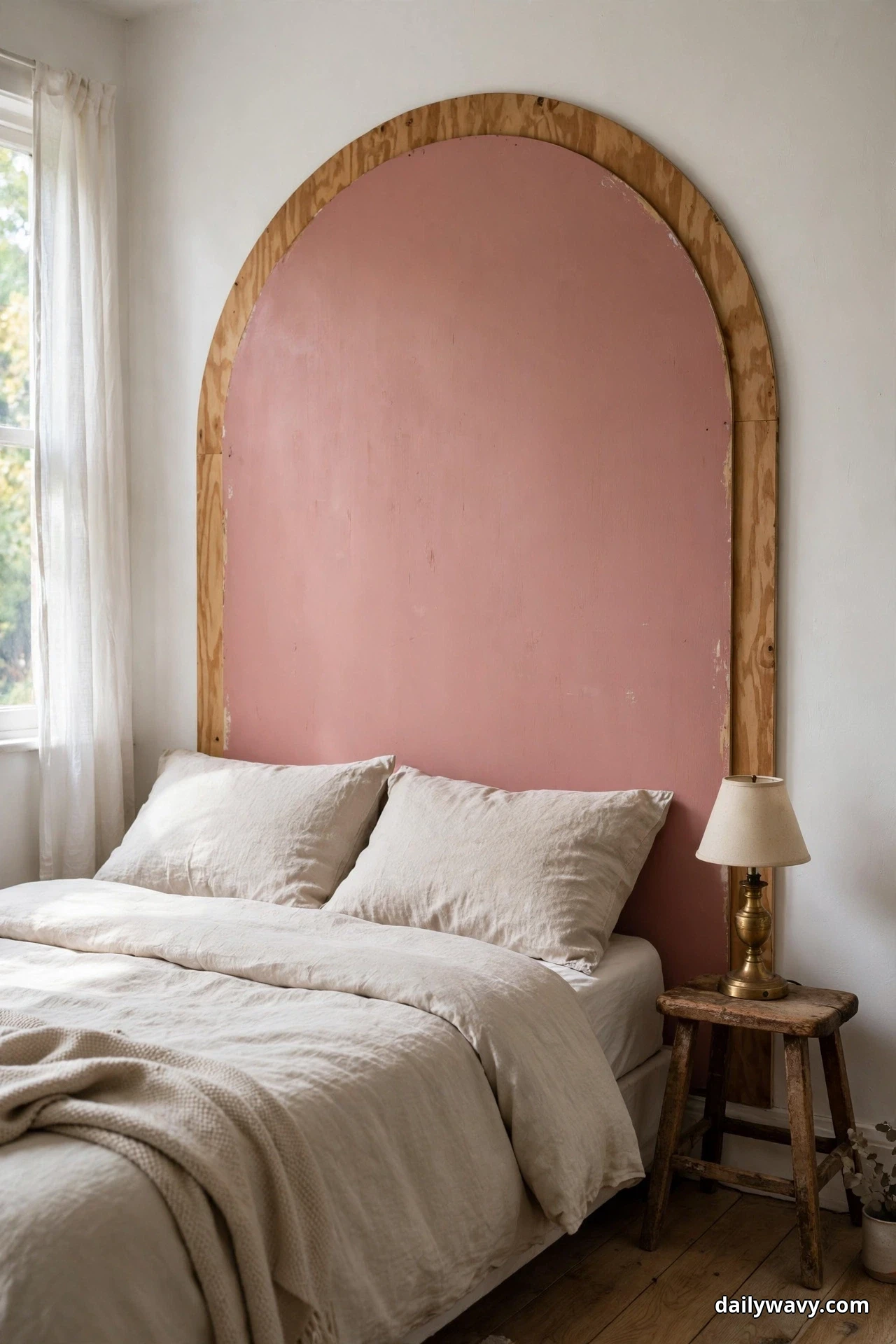 A tall arched panel painted dusty pink with a wood trim edge stands behind a bed in cream bedding, with a wooden stool and small lamp at the right
