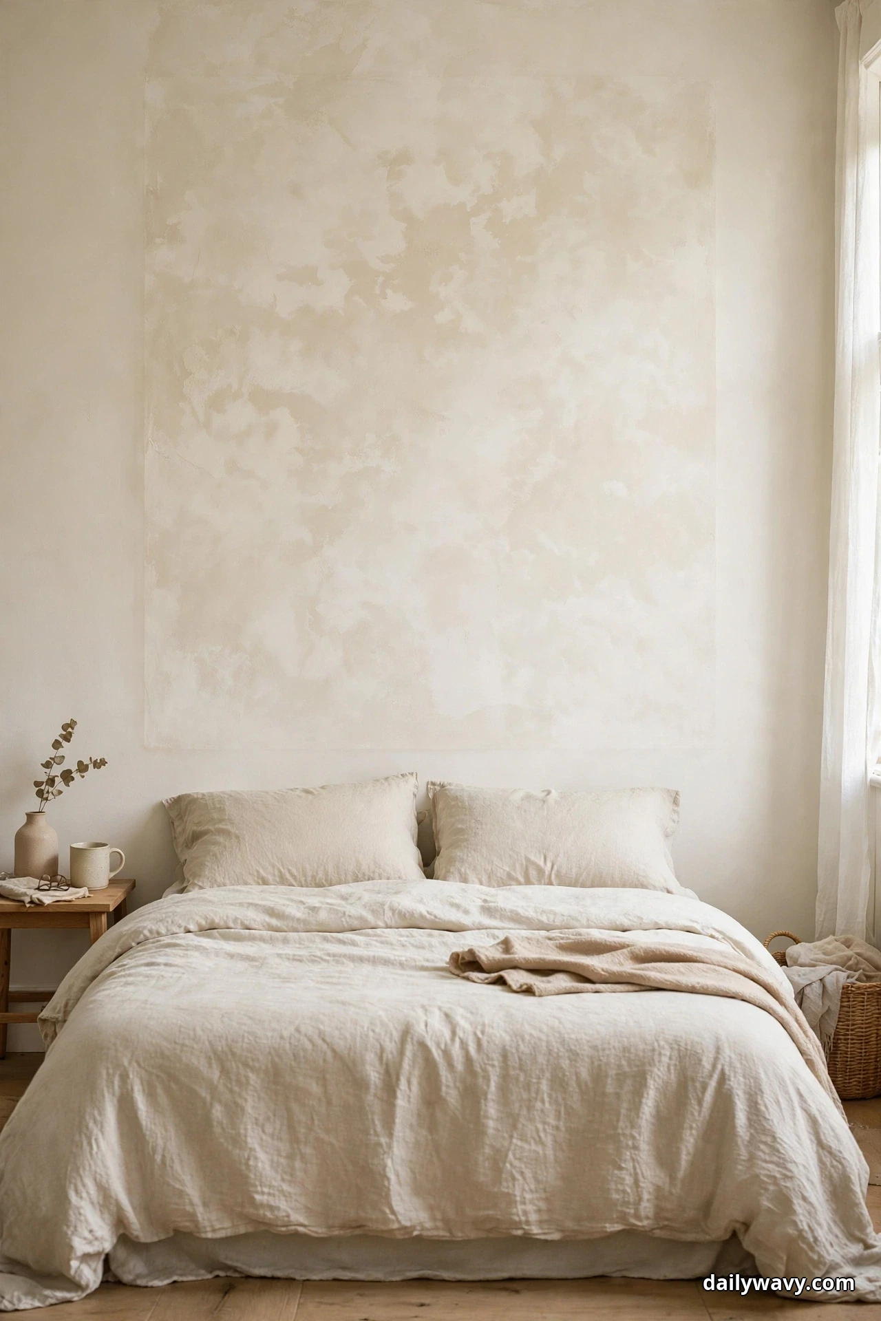 A bed in cream bedding and pillows stands against a pale limewash textured panel wall with soft cloudy tonal variation