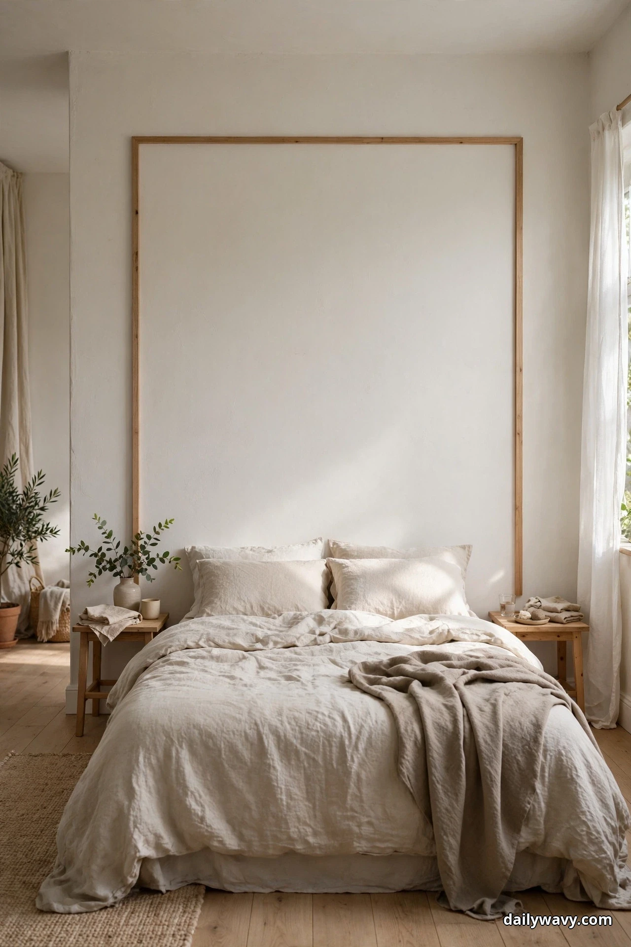 A thin light wood frame outline surrounds the sleeping area on a pale wall above a bed in cream bedding, with small nightstands at both sides