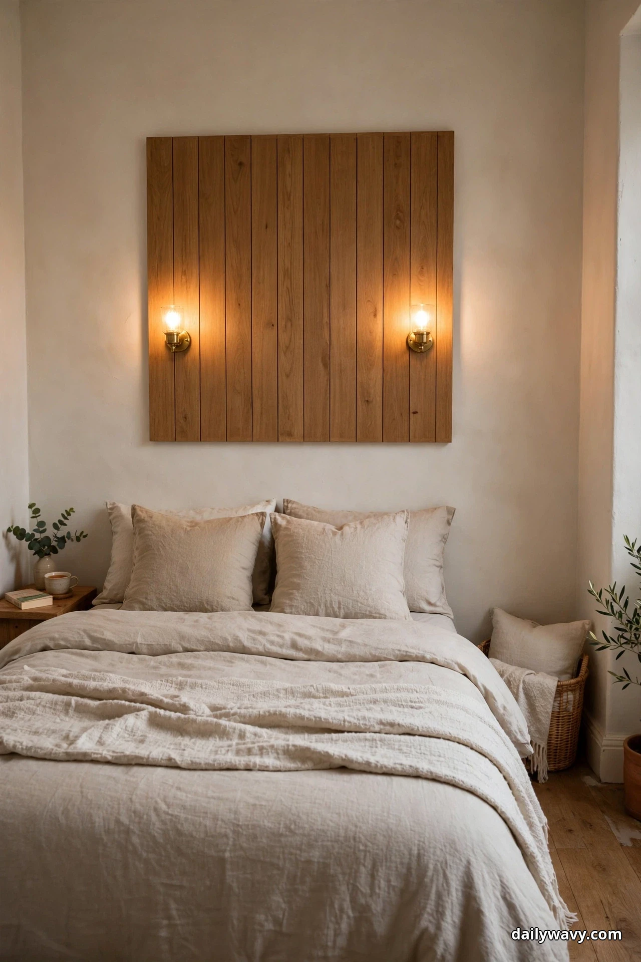 A centered vertical wood plank panel behind a bed in beige bedding carries two lit wall sconces, one at each side
