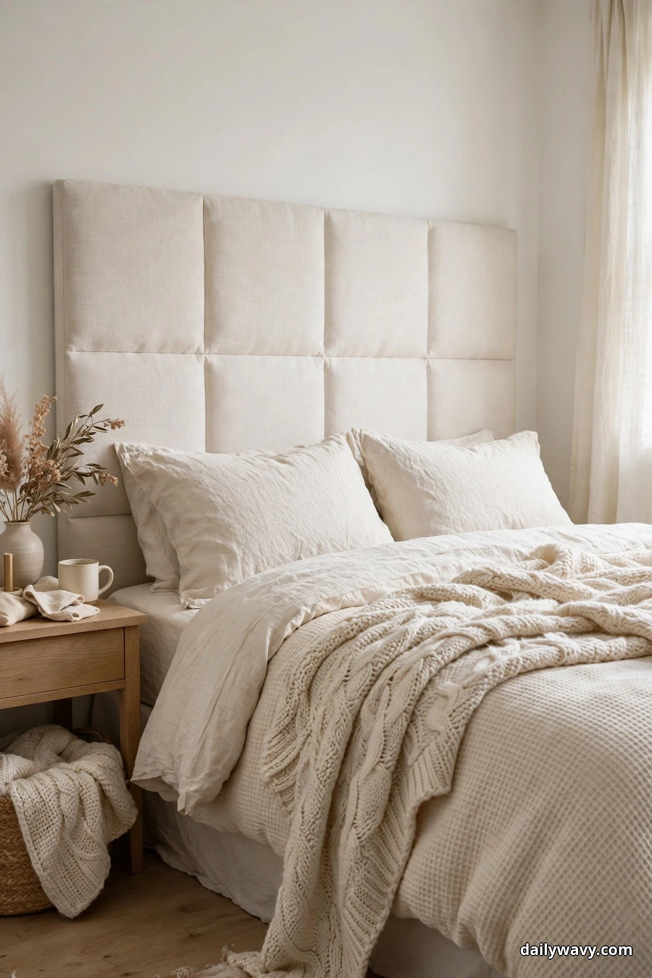 A bed with layered cream textured bedding and a chunky knit throw stands against a white padded panel headboard in a soft neutral bedroom