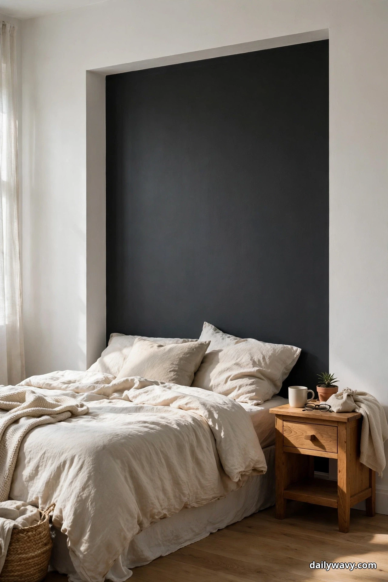 A tall matte black panel set into a light wall forms the backdrop for a bed in cream bedding pushed to one side, with a wooden nightstand at the right
