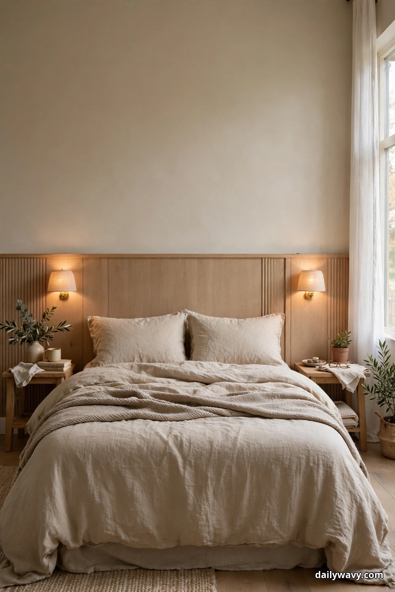 A wide light wood panel behind a bed in beige bedding carries two small lit wall lights, one above each side of the bed