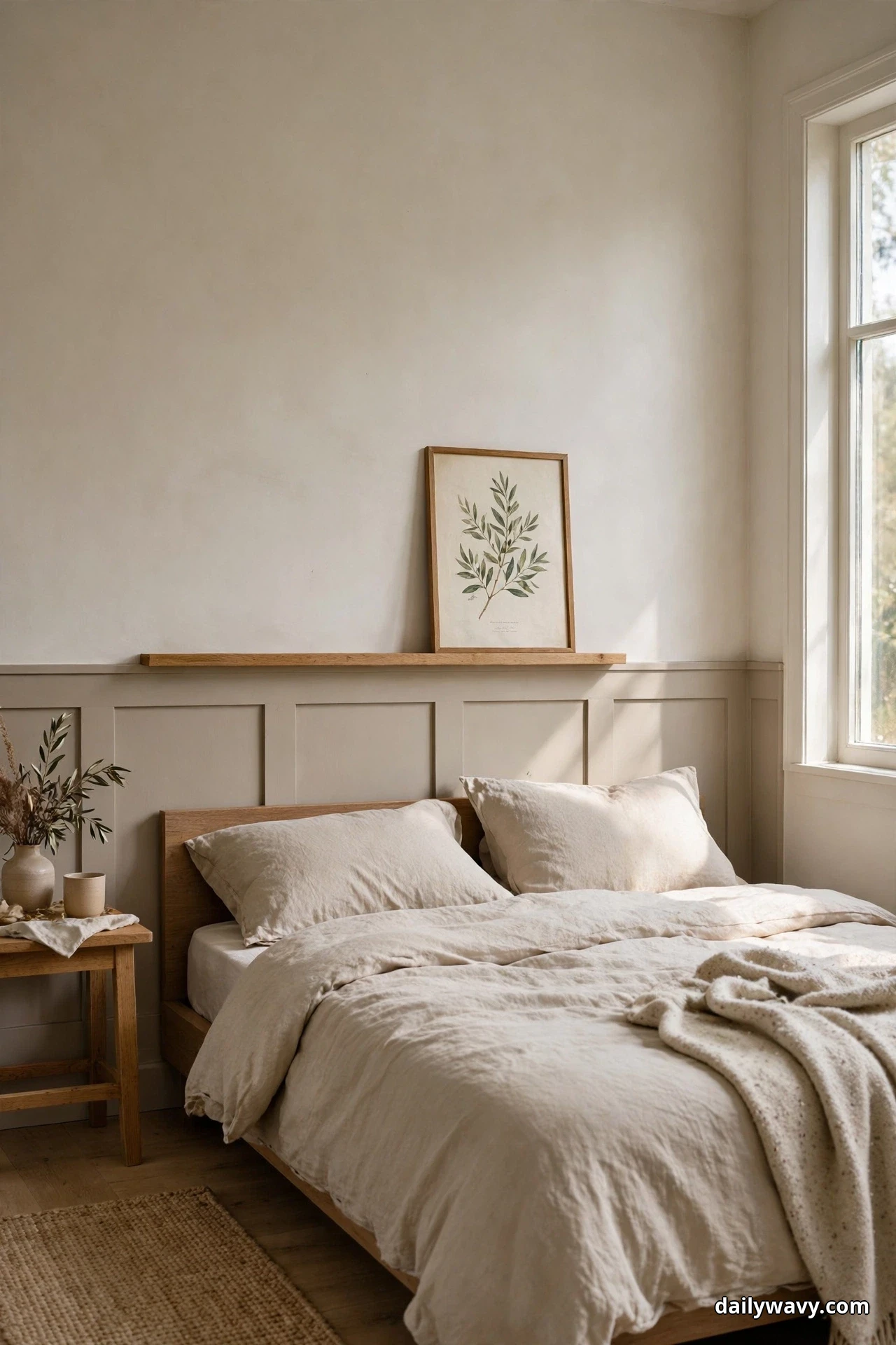 A narrow wooden ledge above a low paneled wall holds one small framed botanical print above a bed in cream bedding