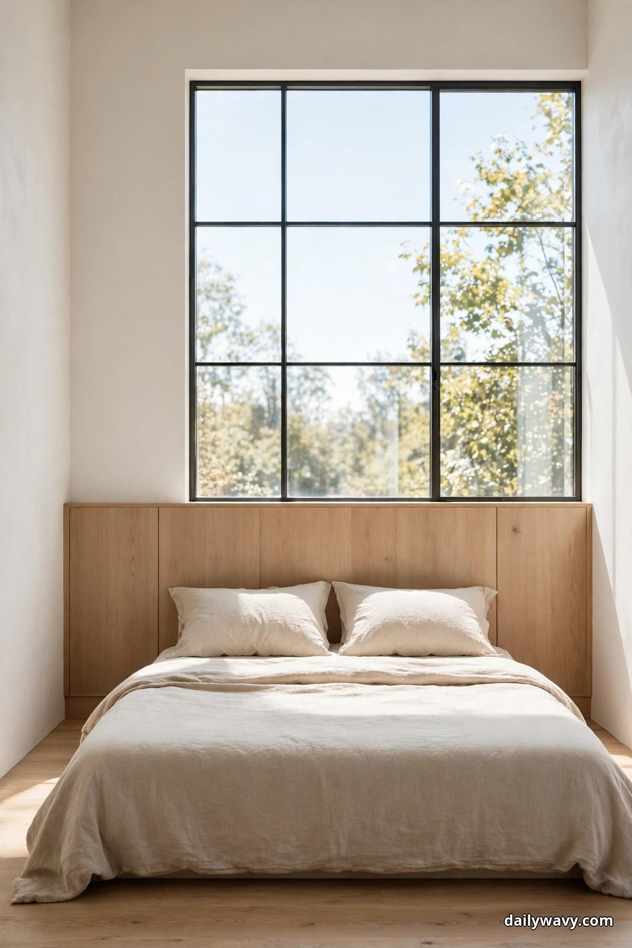 A low light wood panel runs beneath a tall black-framed window above a bed in cream bedding in a bright bedroom