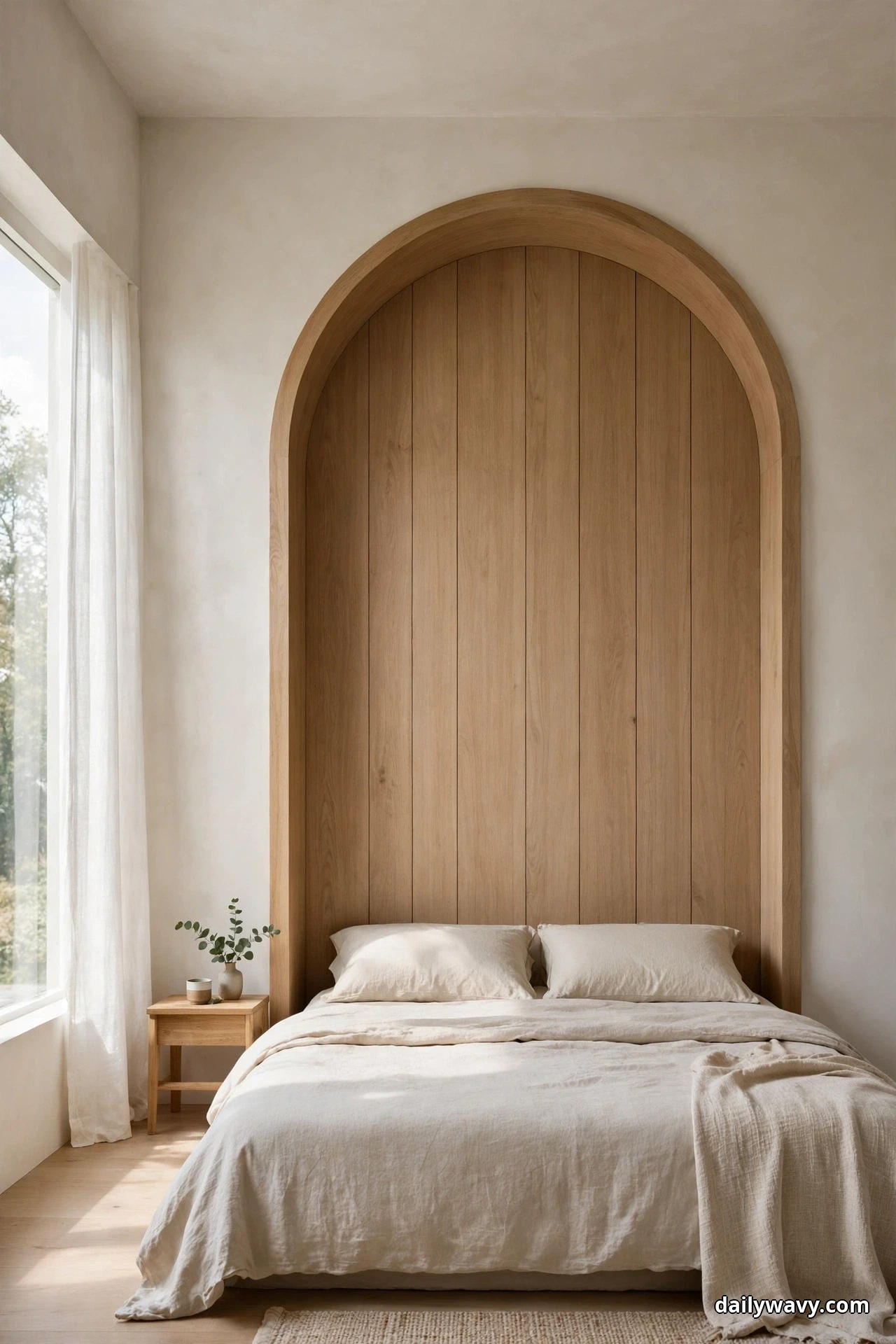 A tall arched wood panel with vertical planks rises high behind a bed in cream bedding in a plain pale room