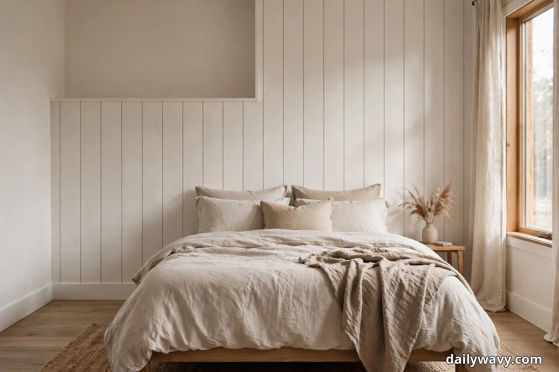 A bedroom with a bed in cream linen bedding and pillows stands against a white vertical plank panel wall, with a small wooden nightstand holding dried stems beside a tall curtained window at the right