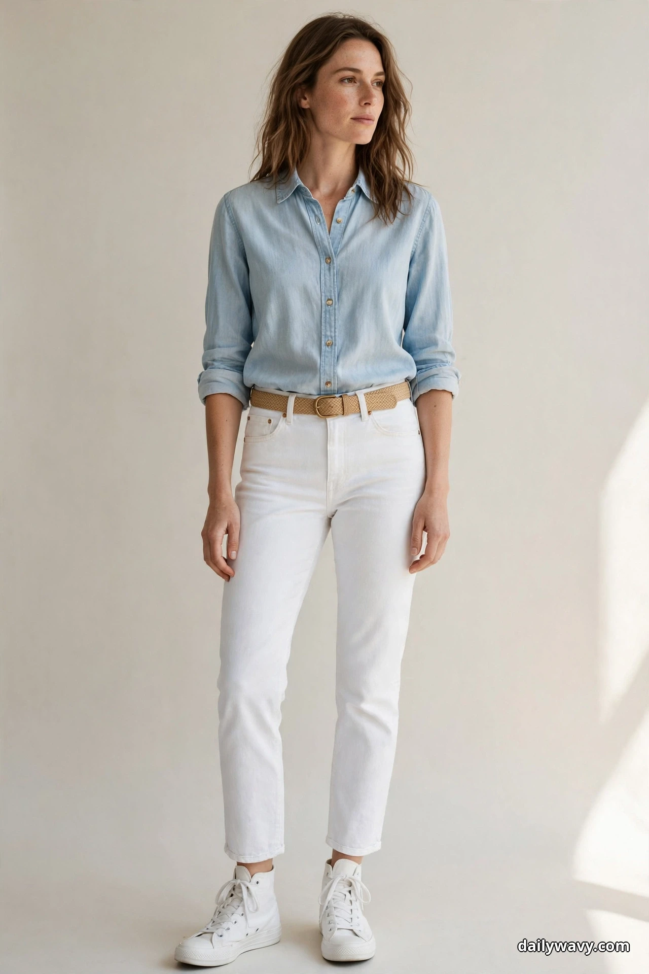 A woman wearing white straight jeans, a tucked chambray shirt, a tan woven belt and white canvas high-top sneakers stands full length against a plain wall with both sneakers showing fully below the ankle hems